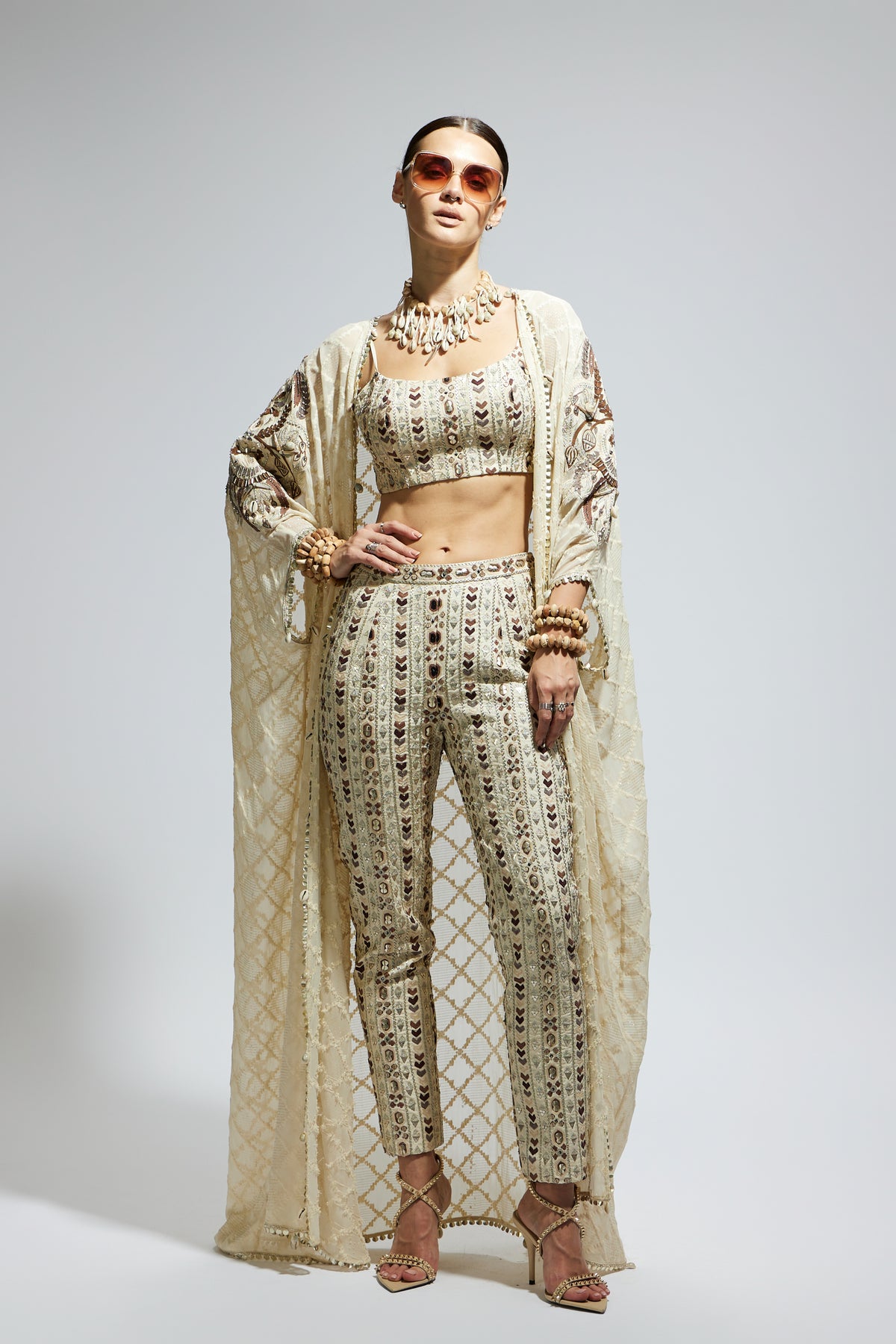 Ivory Aztec Embellished Cape Set