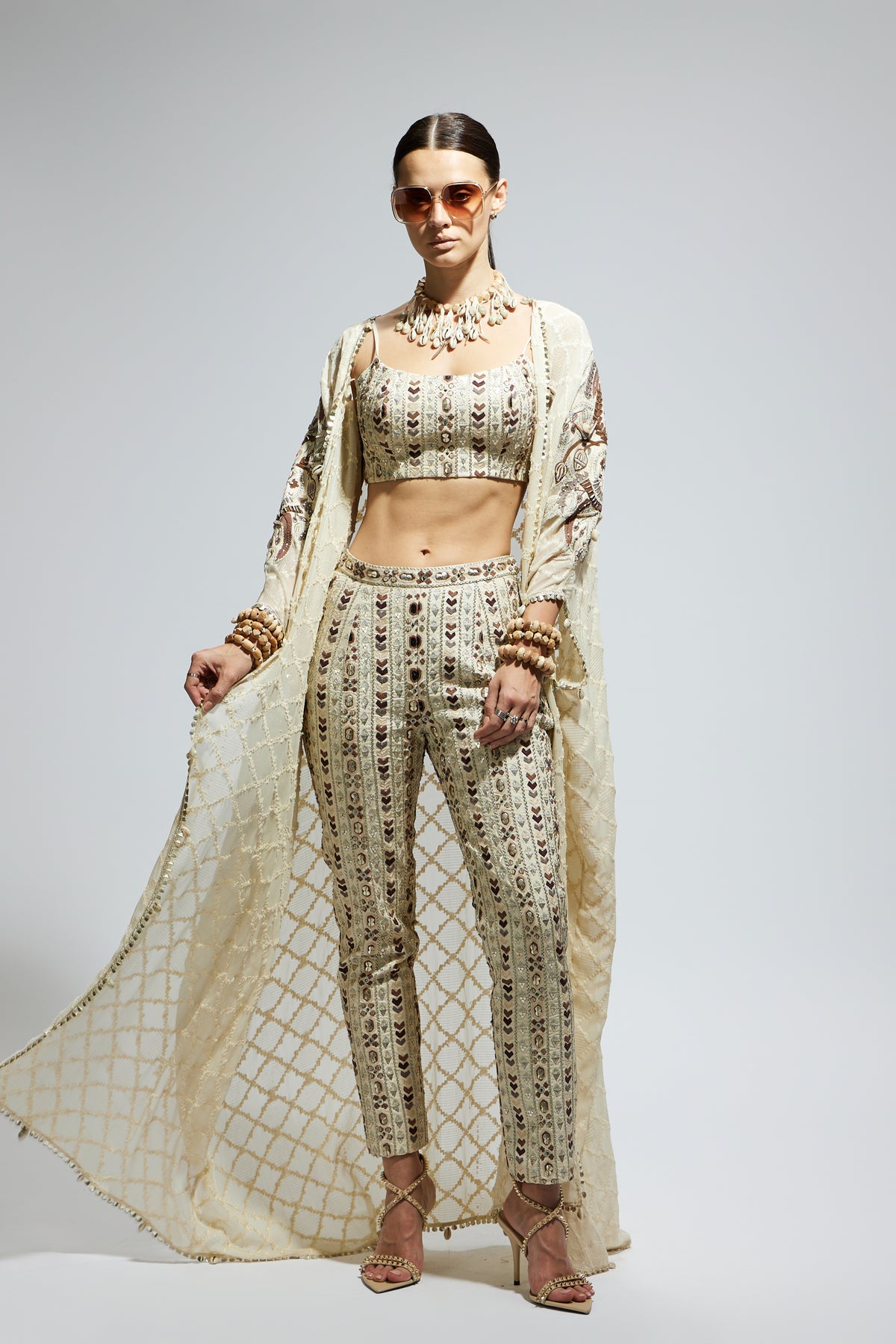 Ivory Aztec Embellished Cape Set