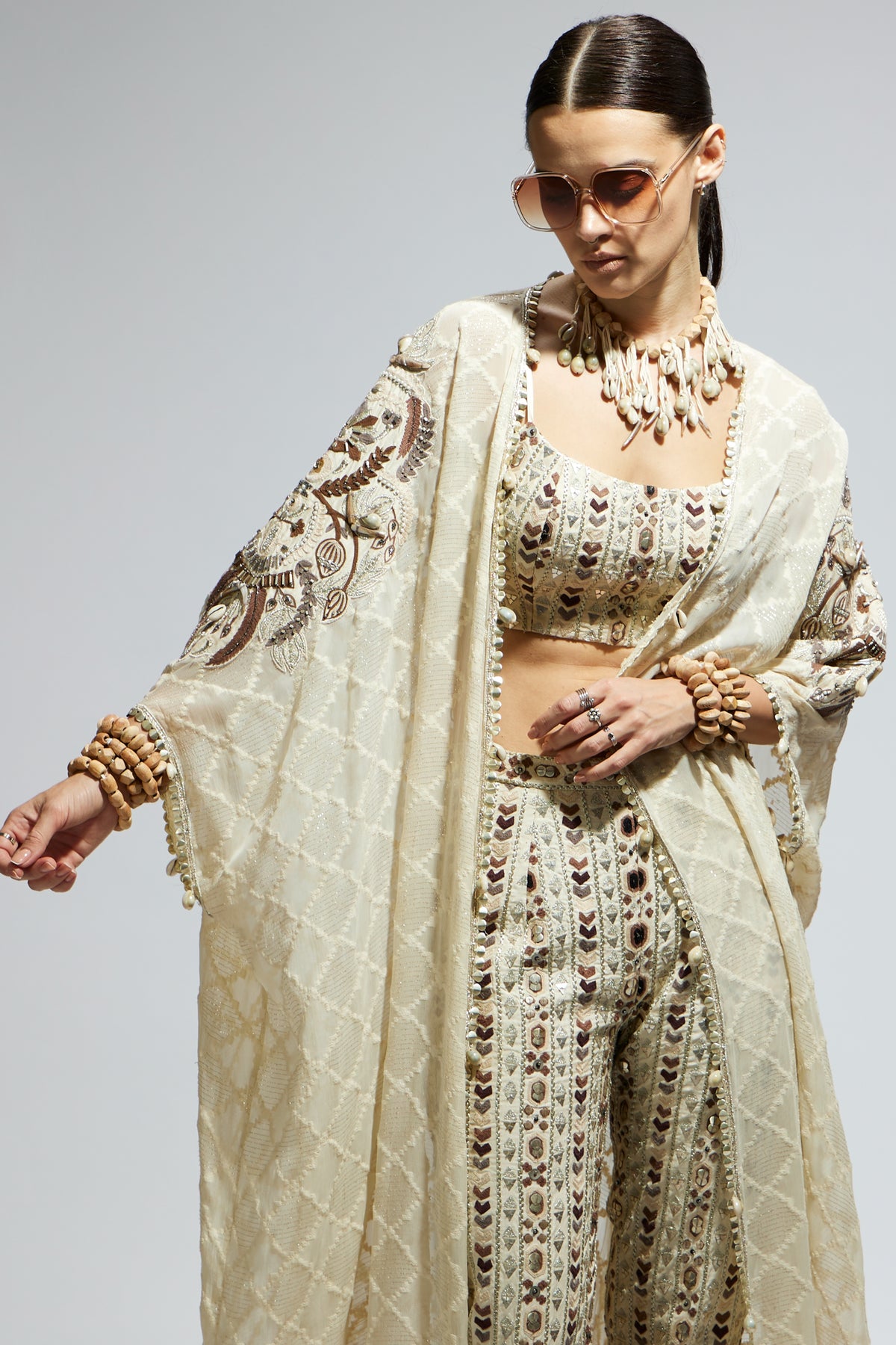 Ivory Aztec Embellished Cape Set