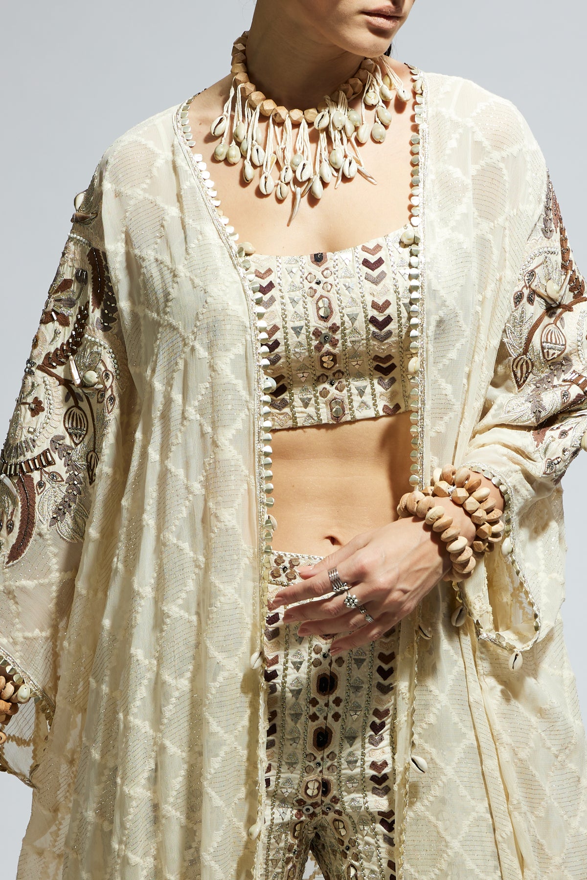 Ivory Aztec Embellished Cape Set