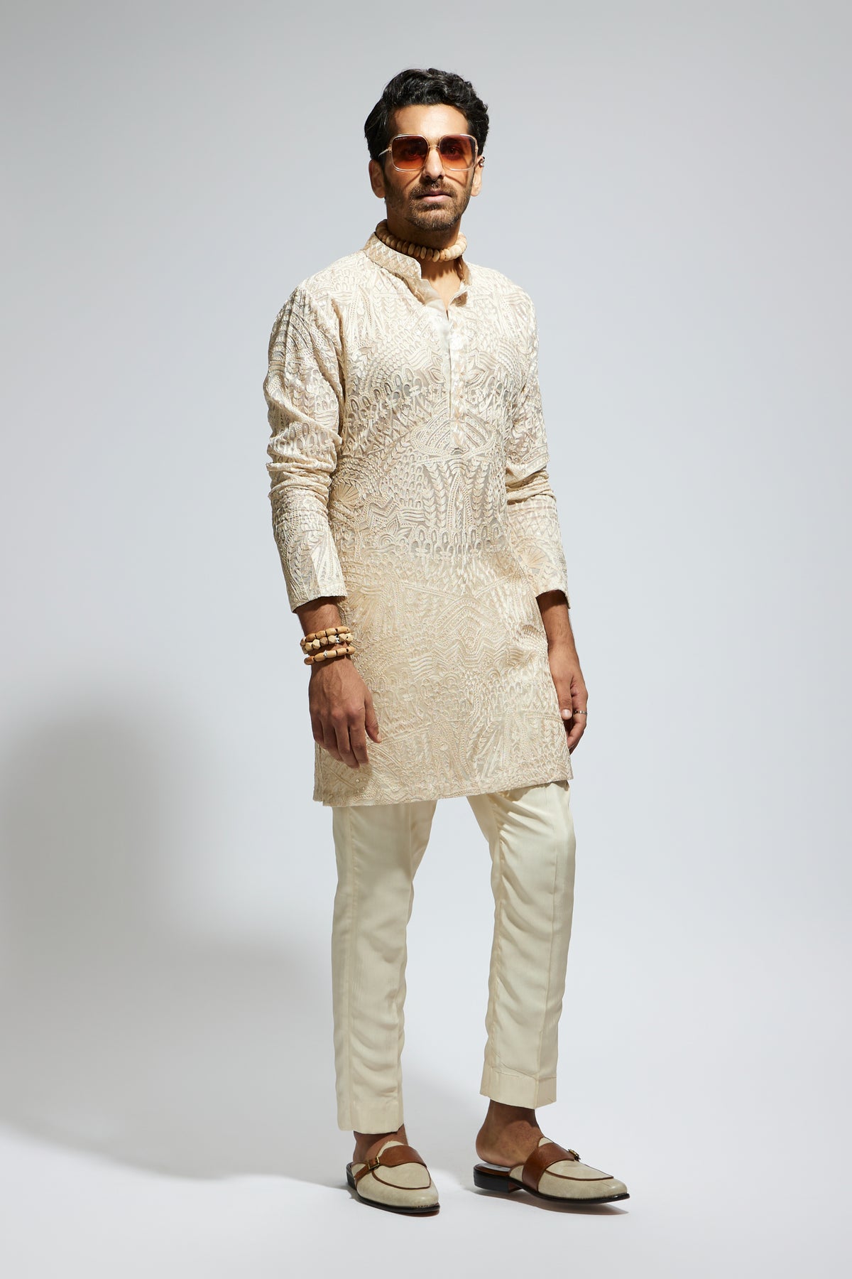 Beige Organza Embroidered Kurta Set