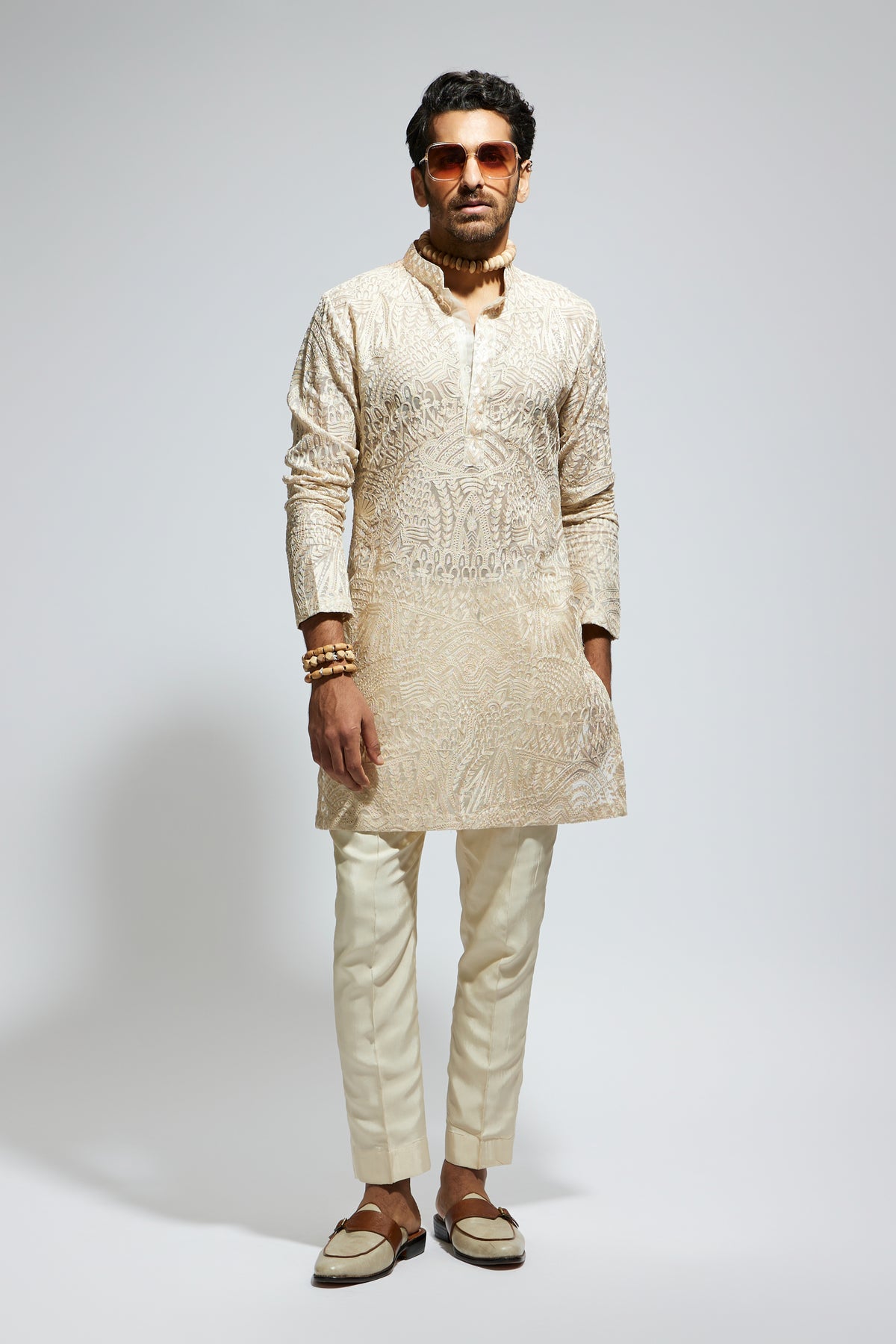 Beige Organza Embroidered Kurta Set