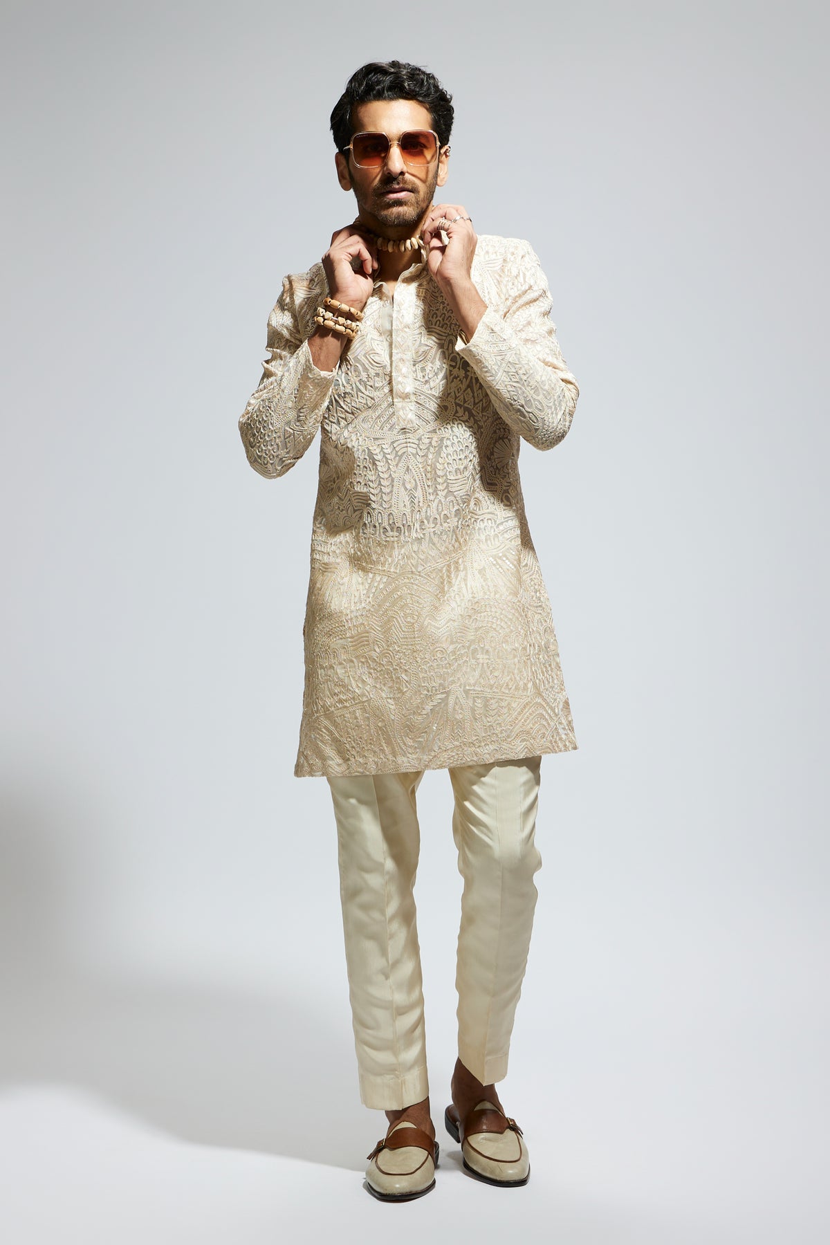 Beige Organza Embroidered Kurta Set