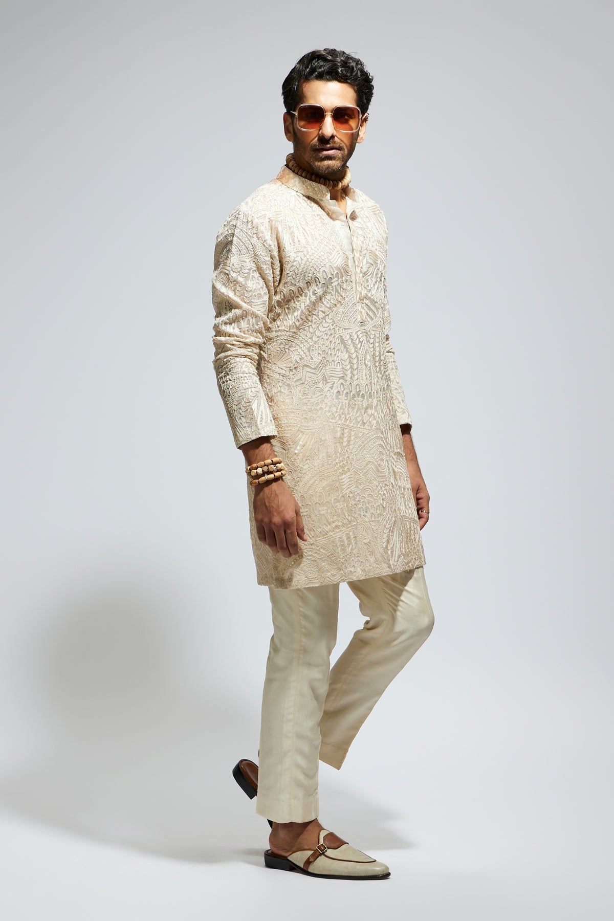 Beige Organza Embroidered Kurta Set