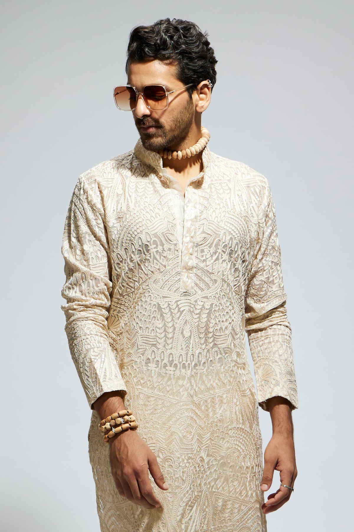 Beige Organza Embroidered Kurta Set