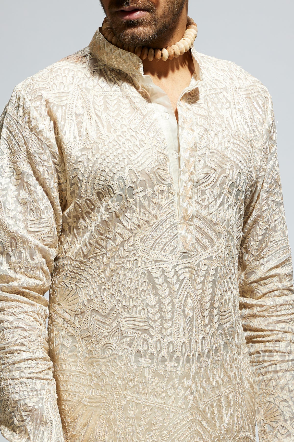 Beige Organza Embroidered Kurta Set