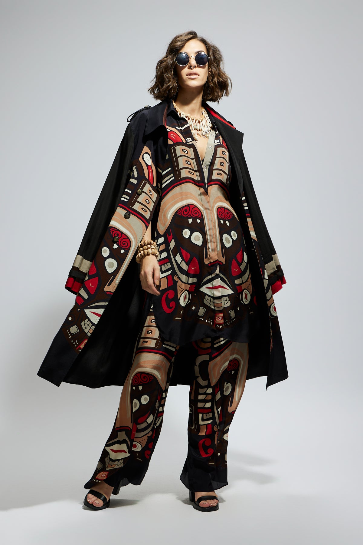 Black Mask Print Trench Coat