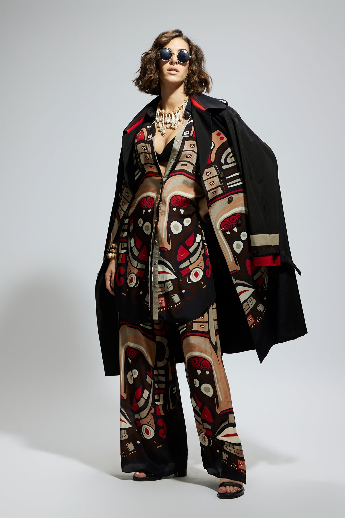 Black Mask Print Trench Coat