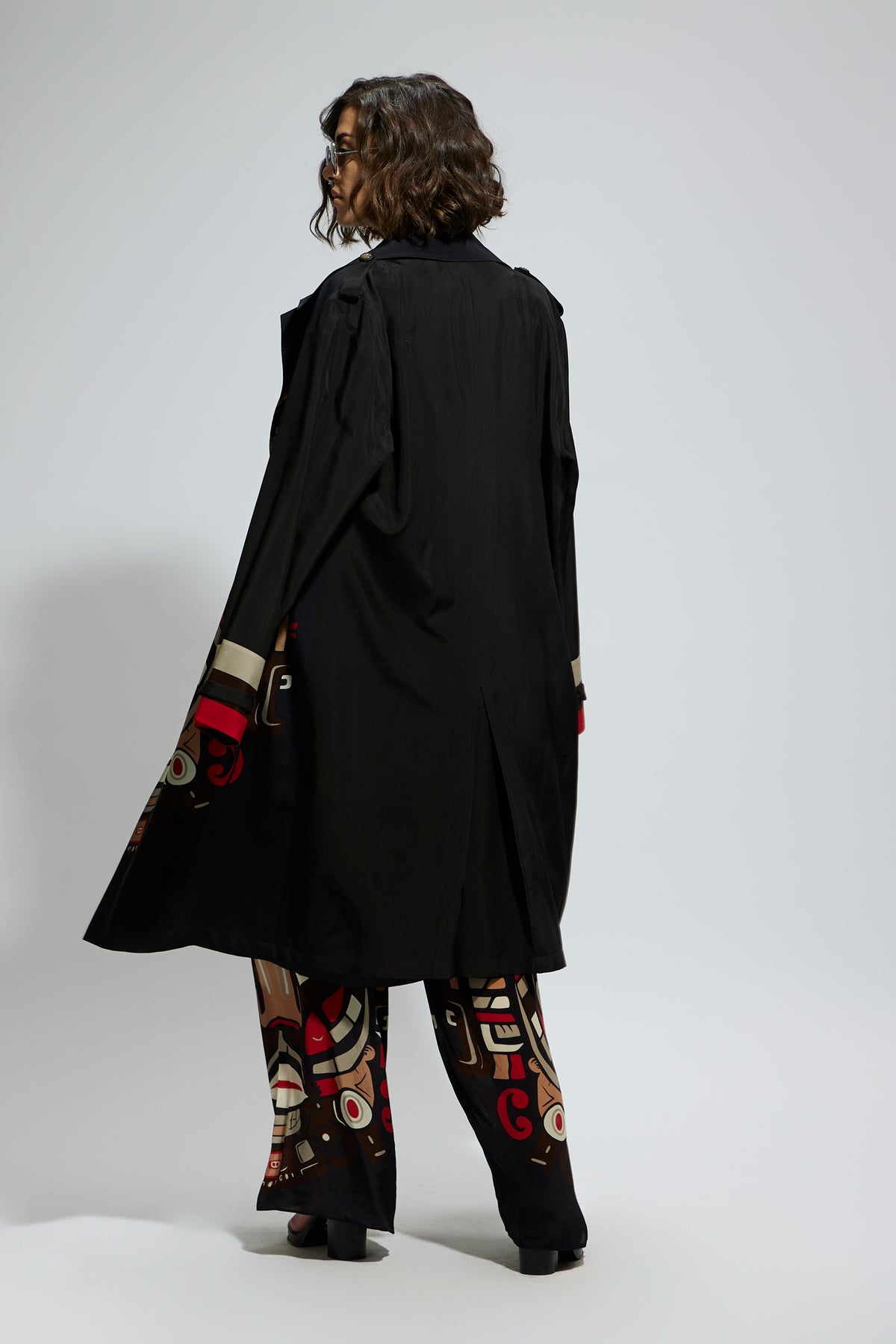 Black Mask Print Trench Coat