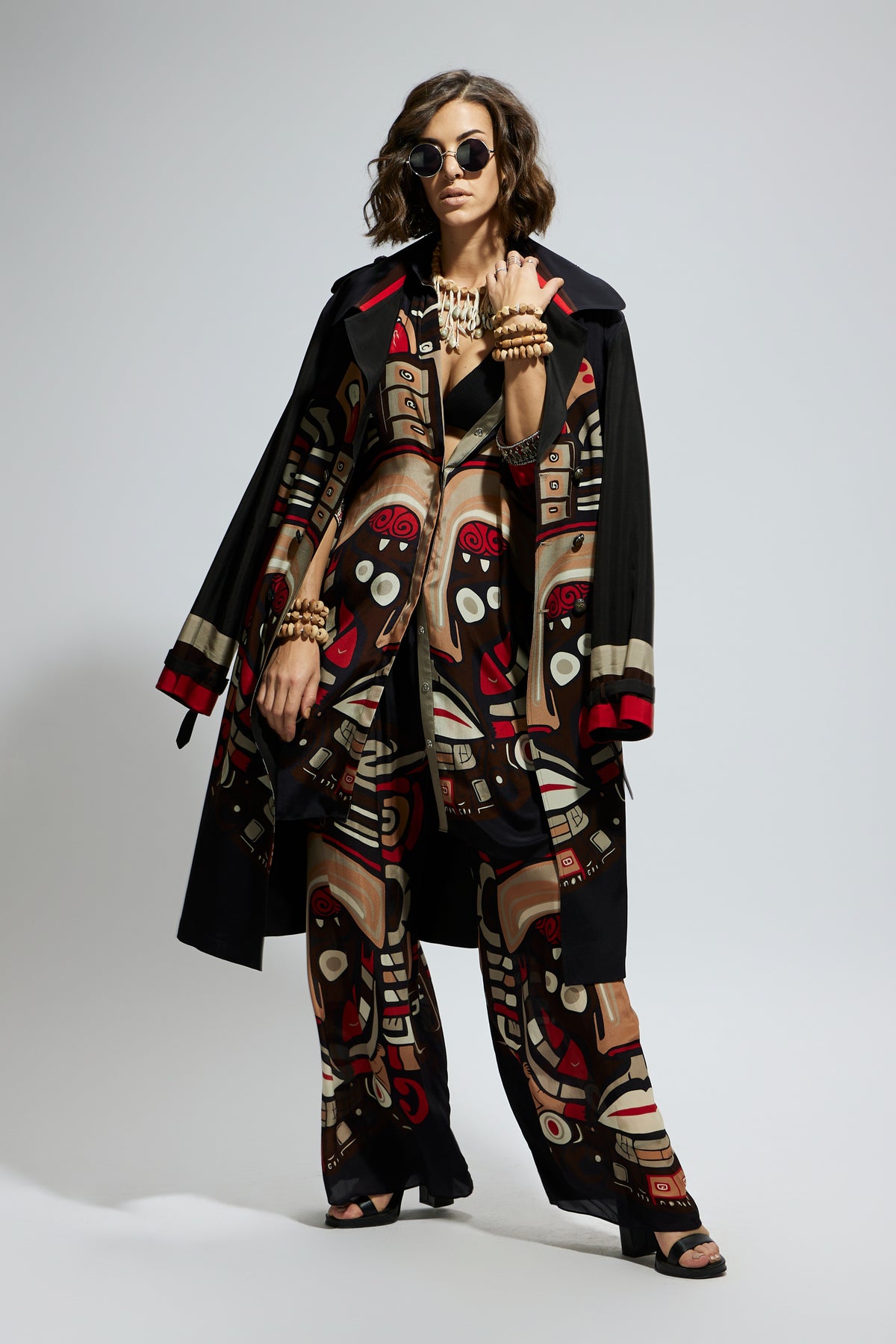 Black Mask Print Trench Coat