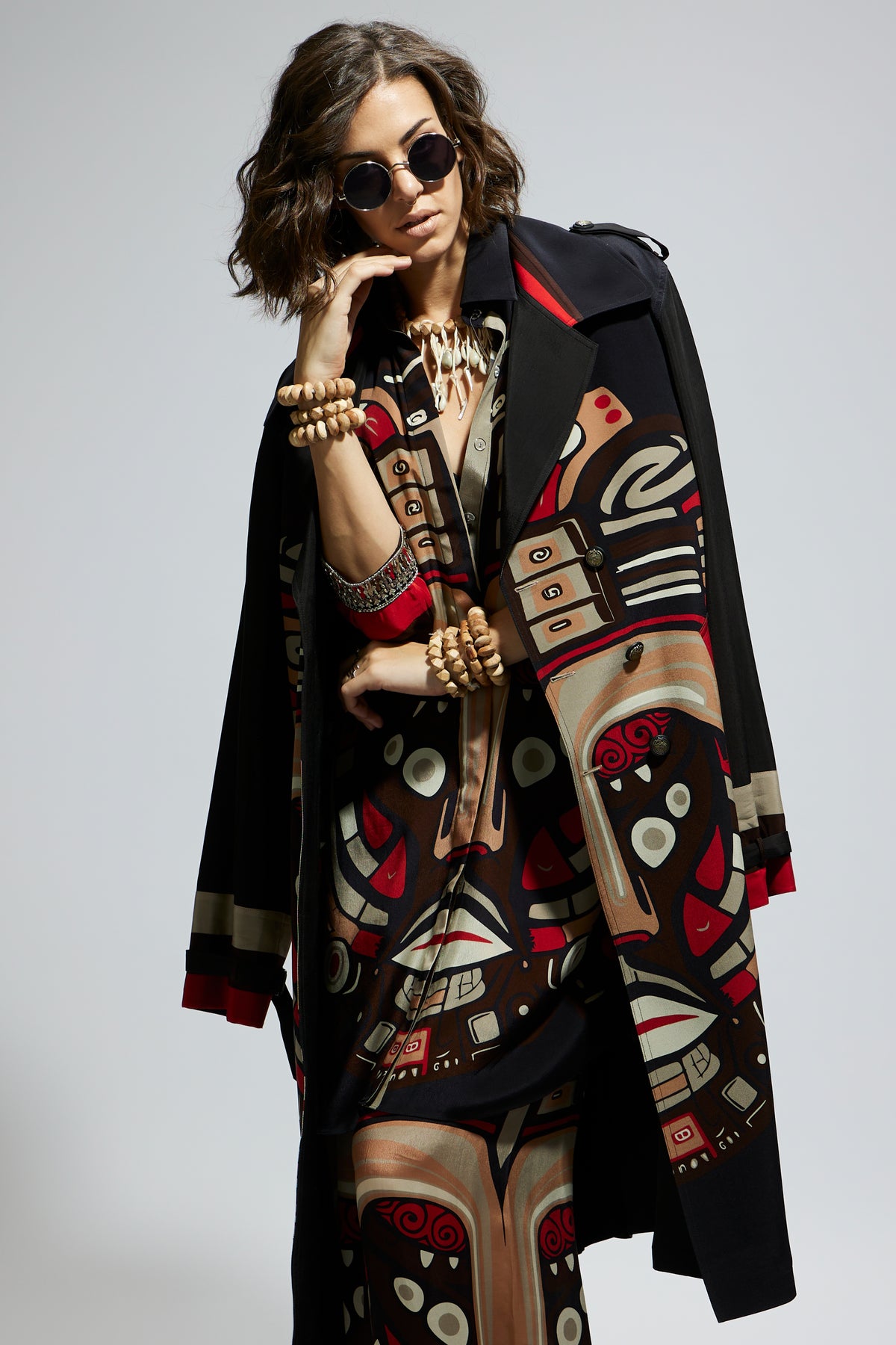 Black Mask Print Trench Coat