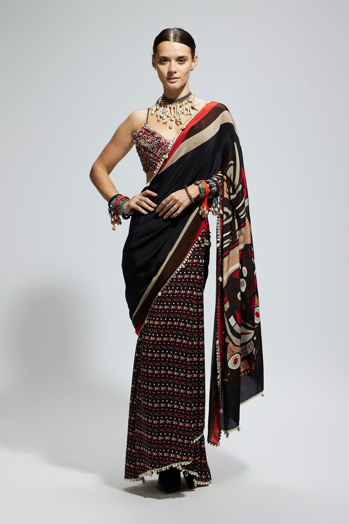 Black Mask Cascade Saree Set