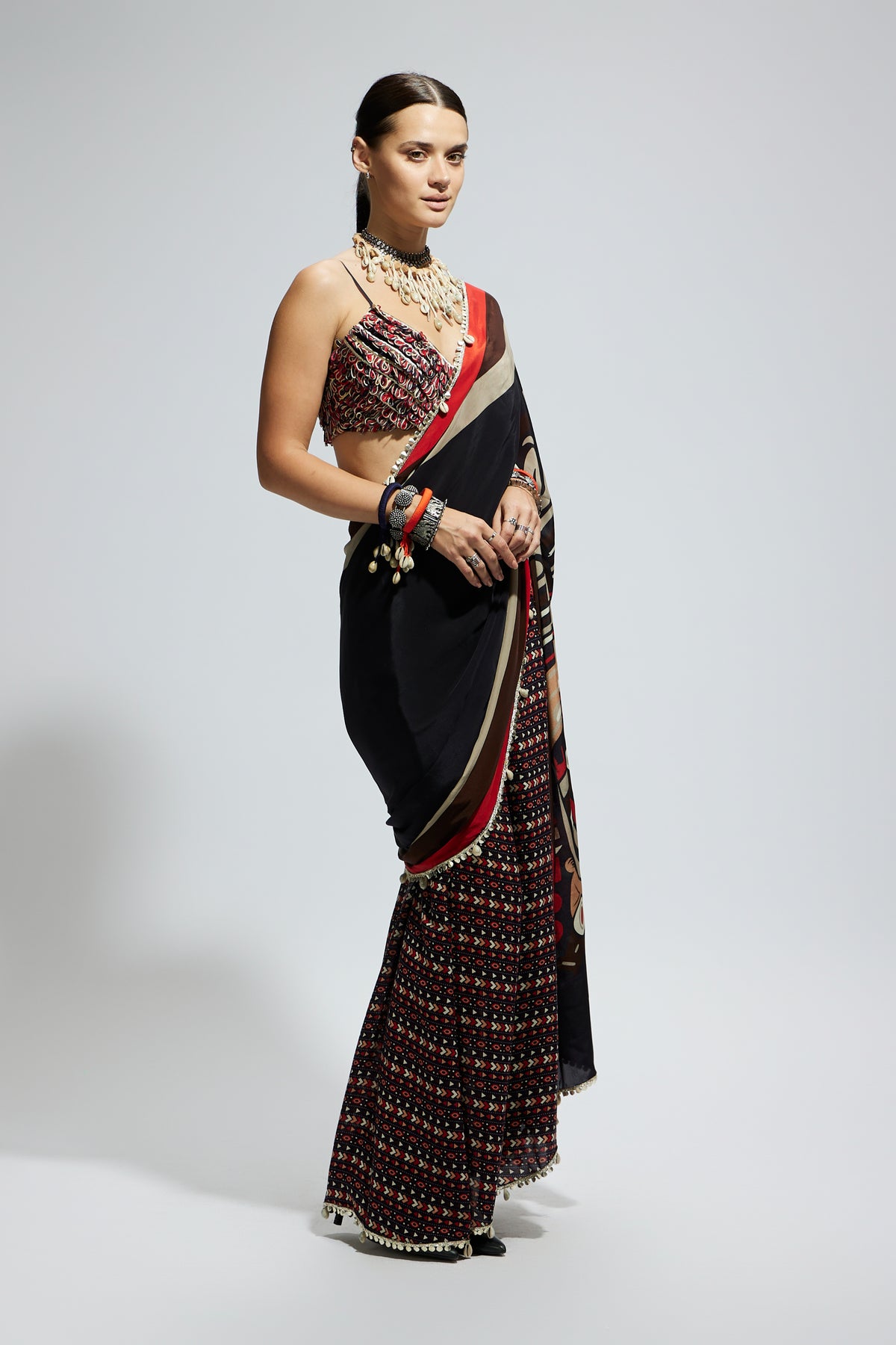 Black Mask Cascade Saree Set