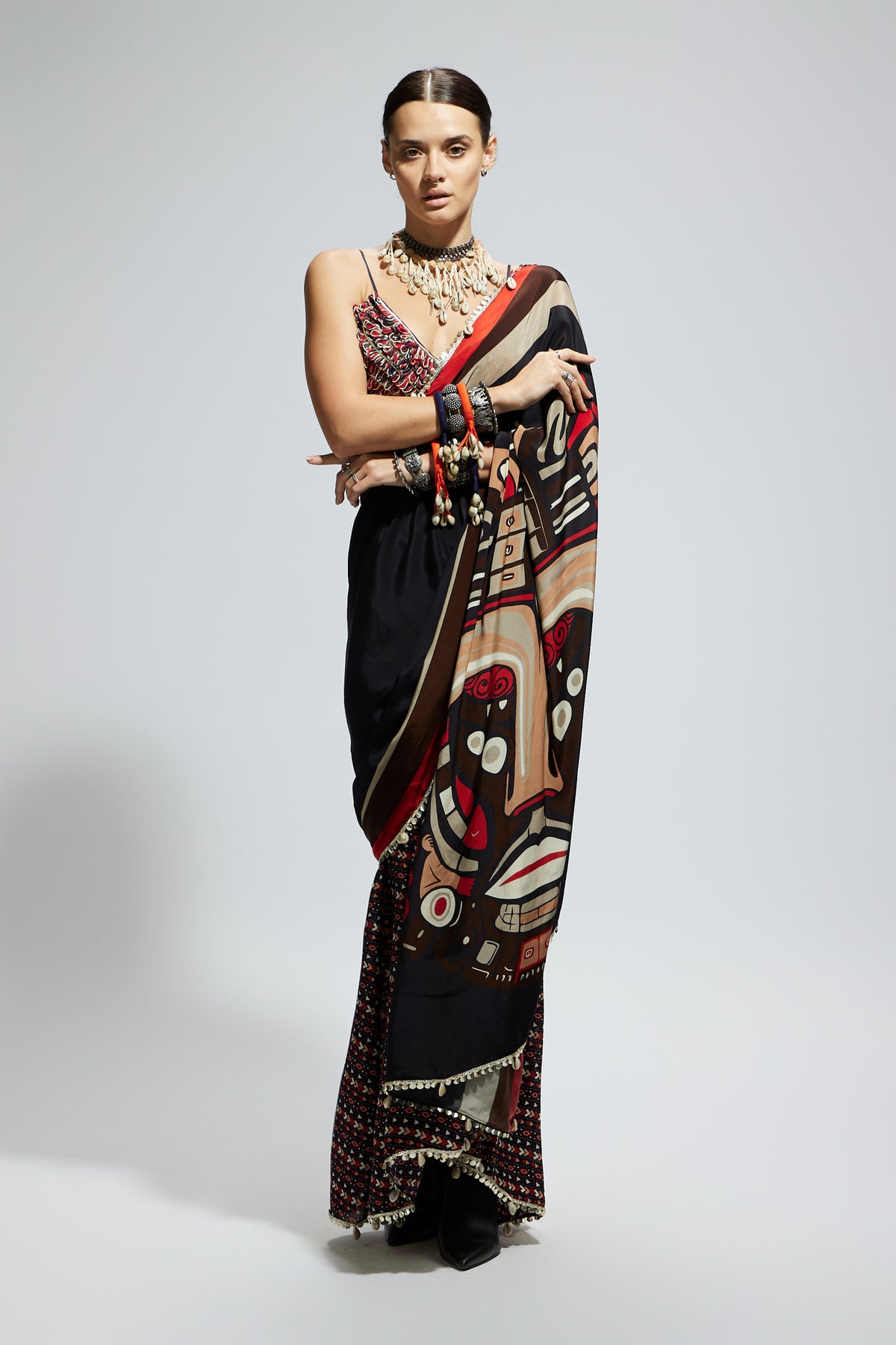 Black Mask Cascade Saree Set