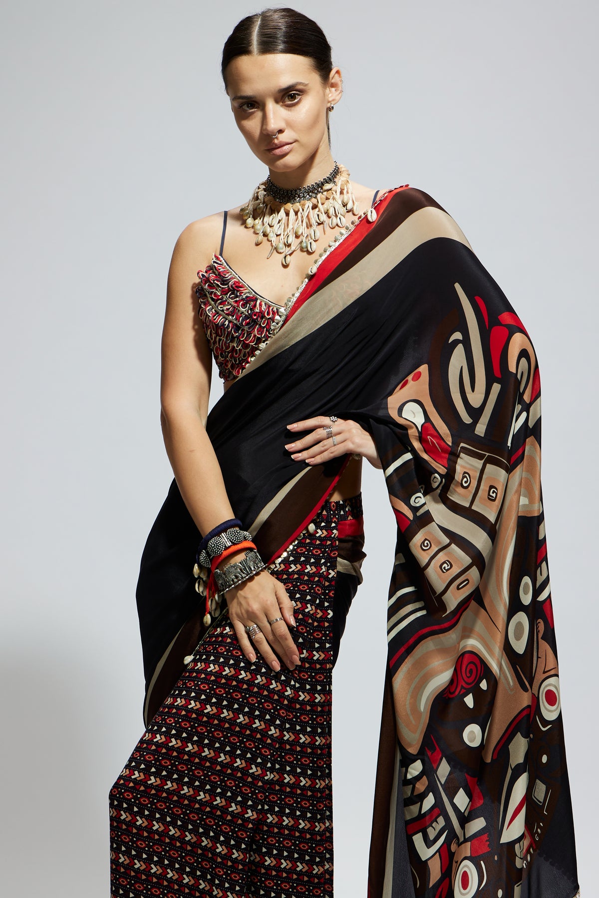 Black Mask Cascade Saree Set