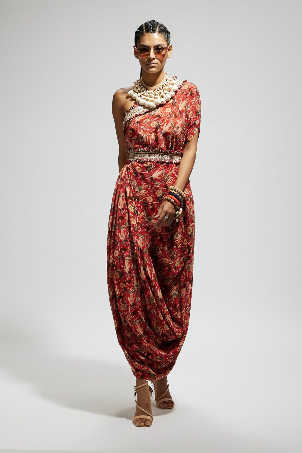 Orange One Shoulder Dress With Belt