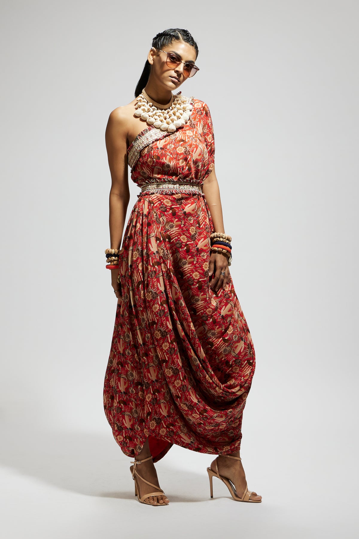 Orange One Shoulder Dress With Belt