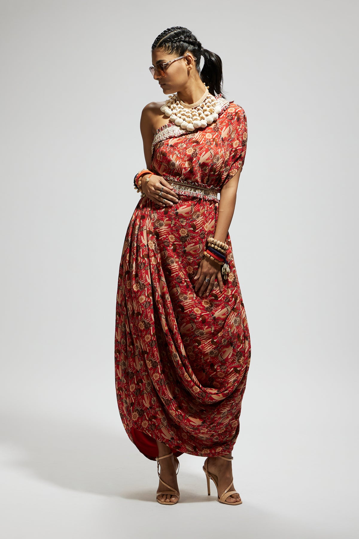 Orange One Shoulder Dress With Belt