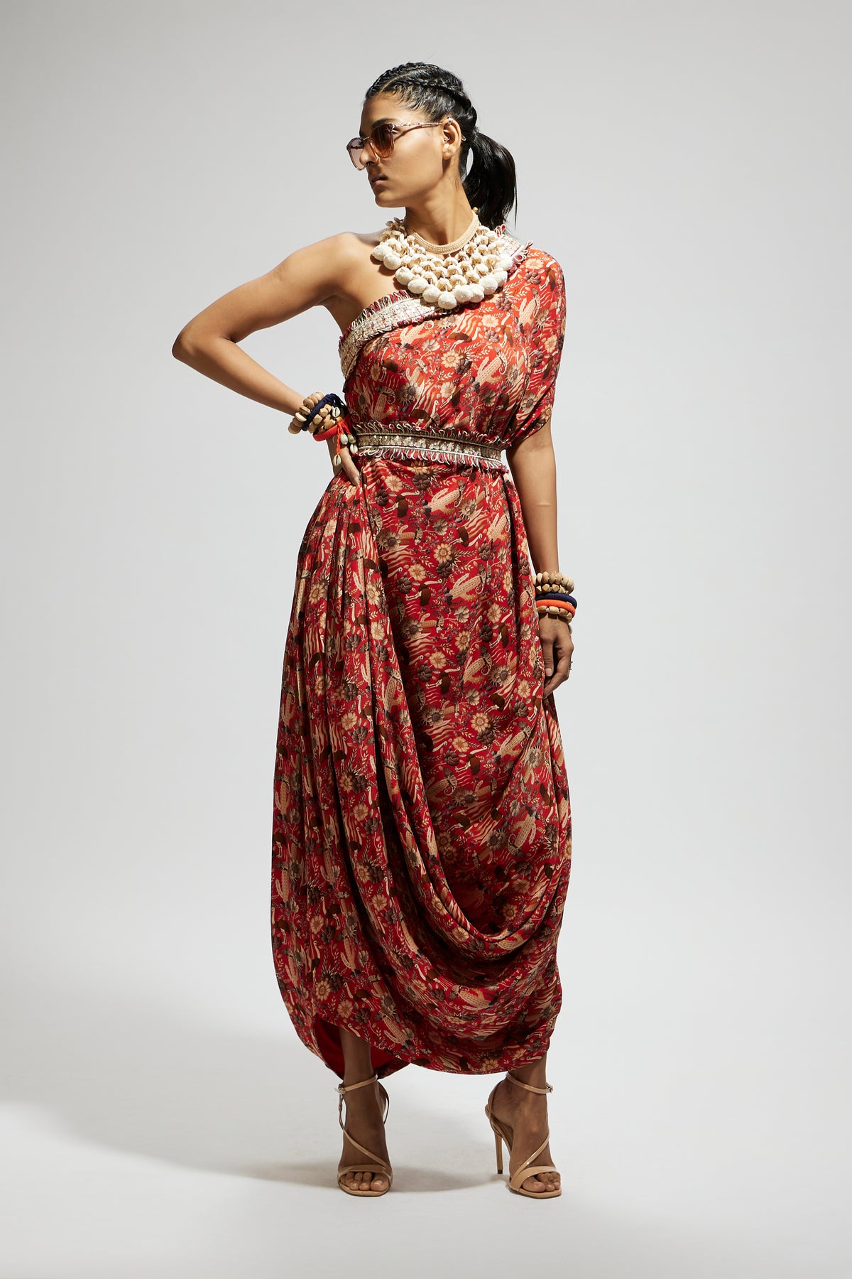 Orange One Shoulder Dress With Belt