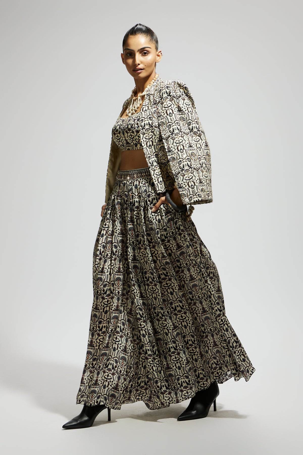 White Embellished Jaal Cape Jacket Set