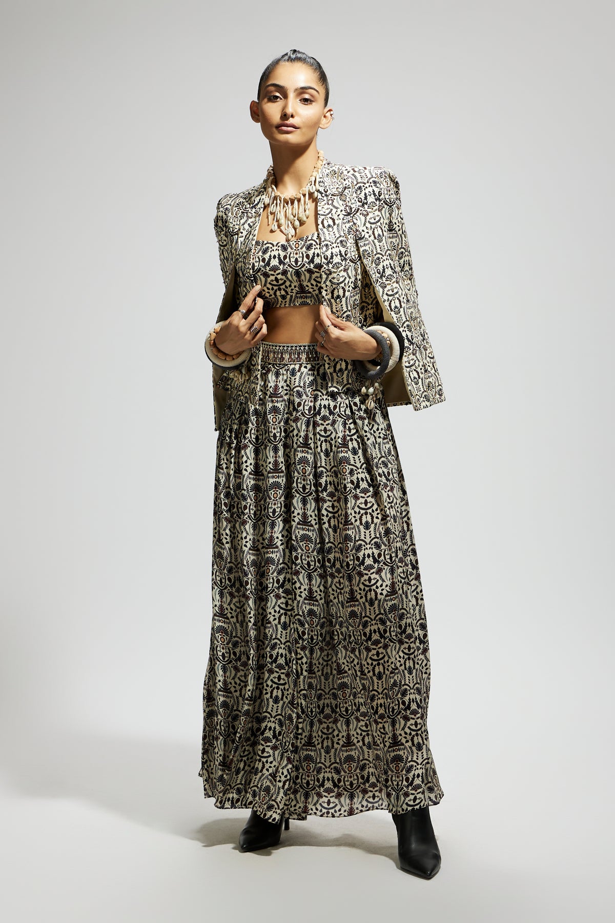 White Embellished Jaal Cape Jacket Set