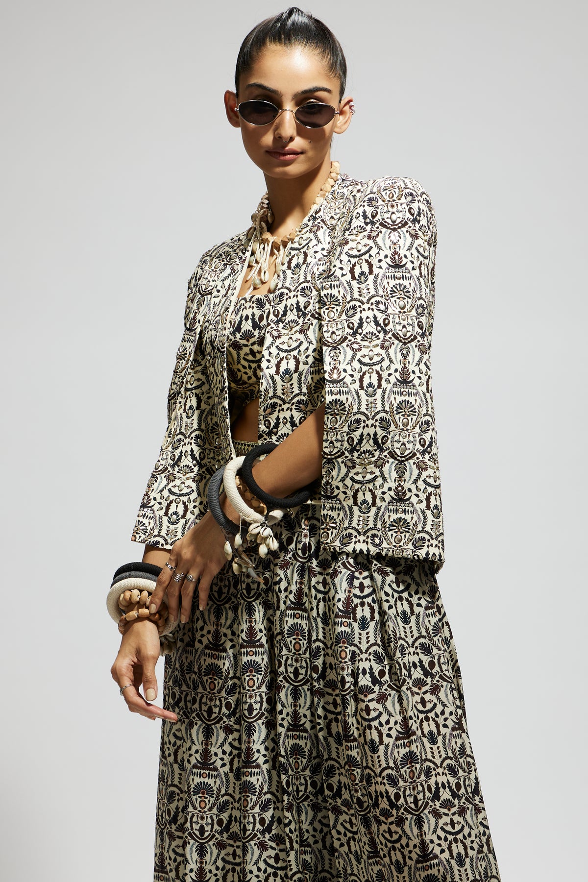 White Embellished Jaal Cape Jacket Set