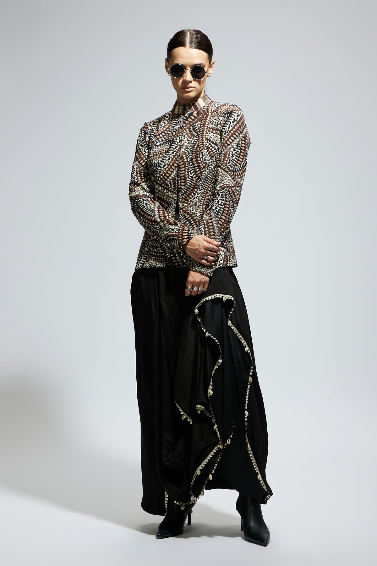 Zentangle Embellished Jacket With Skirt