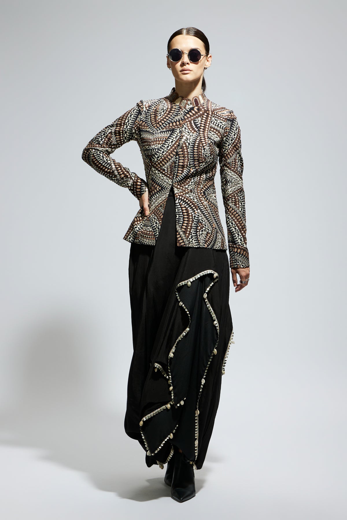 Zentangle Embellished Jacket With Skirt