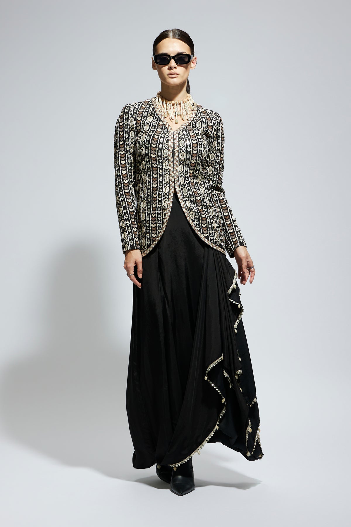 Black Embellished Jacket With Skirt