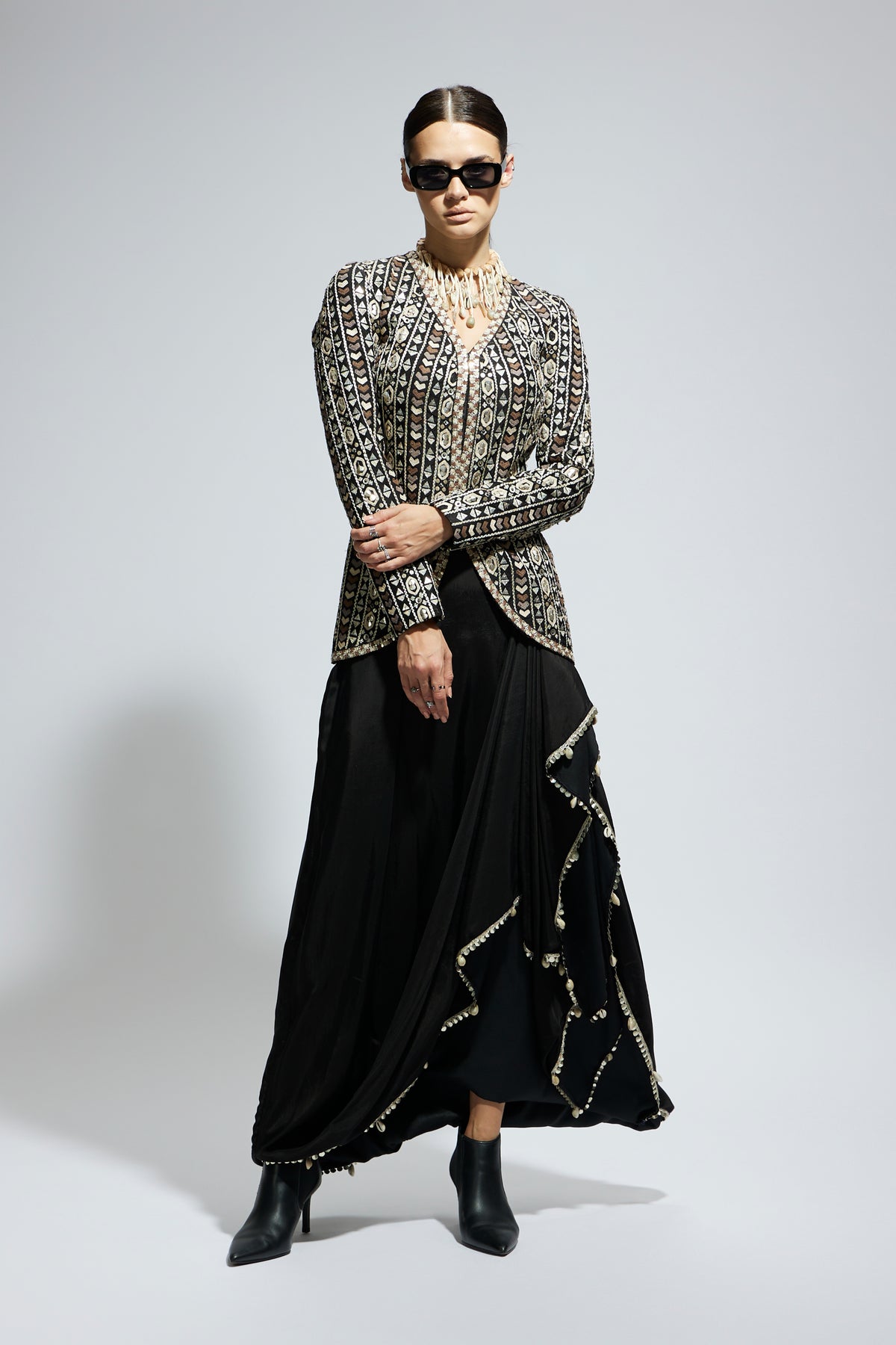 Black Embellished Jacket With Skirt