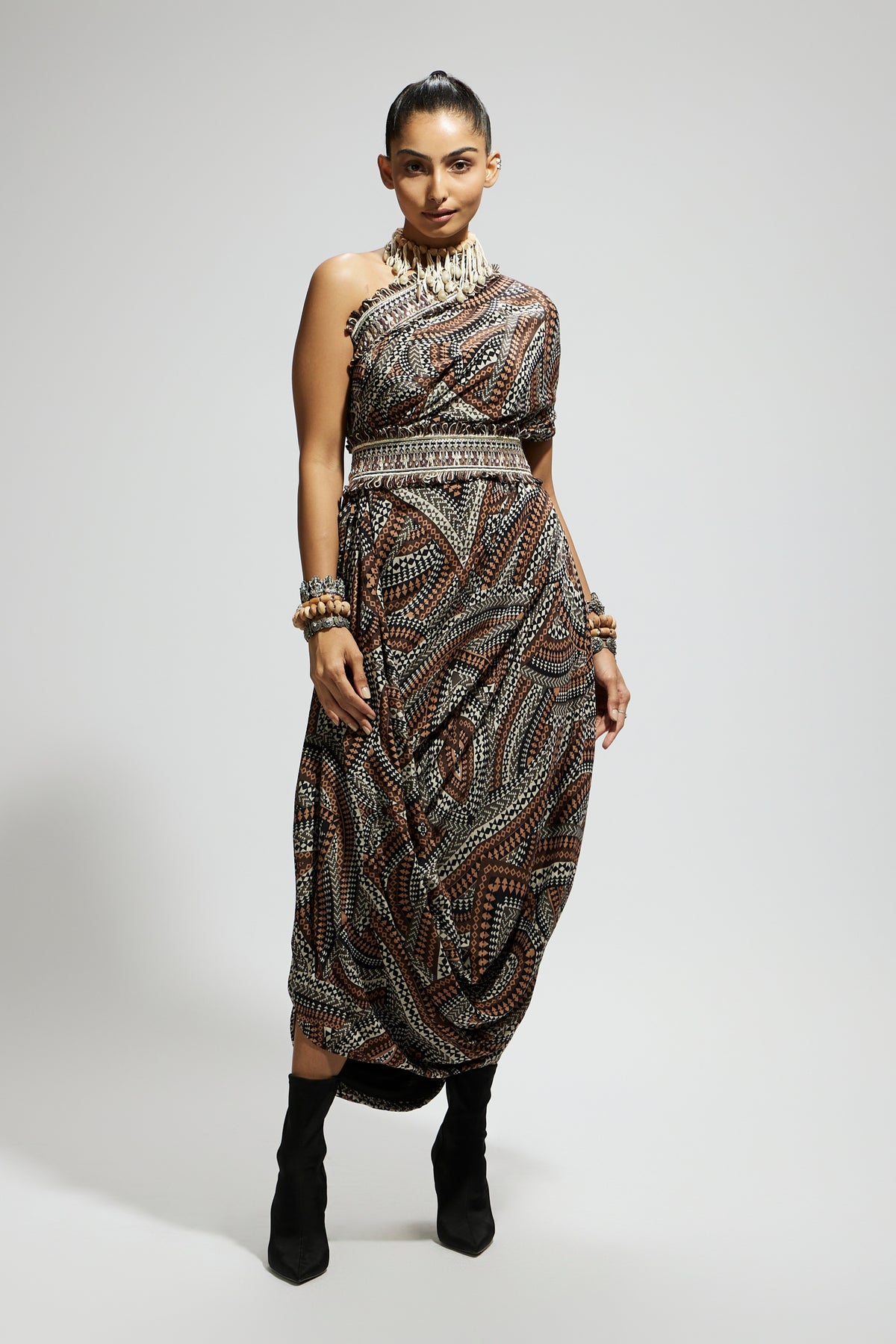 Zentangle One Shoulder Dress With Belt