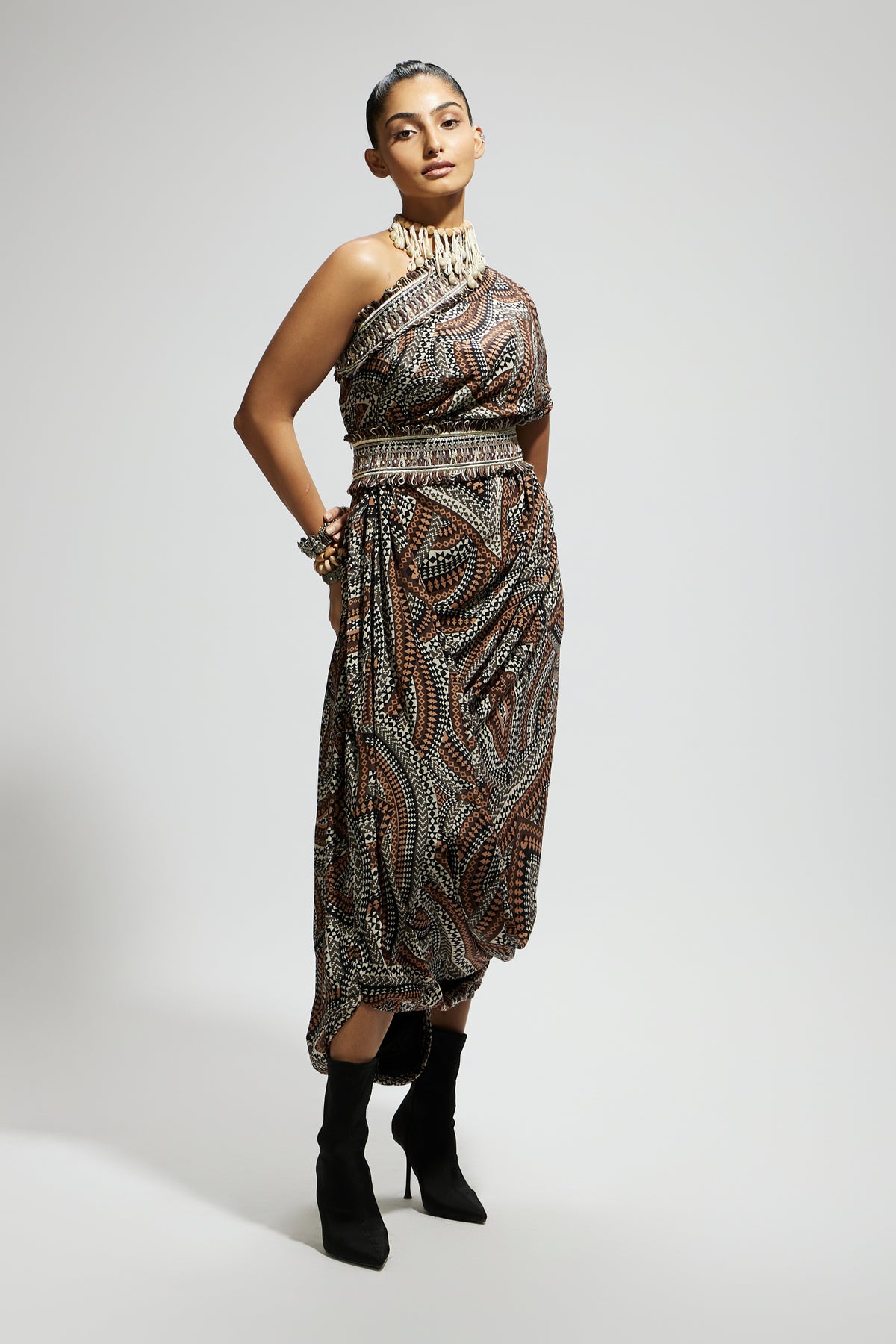 Zentangle One Shoulder Dress With Belt