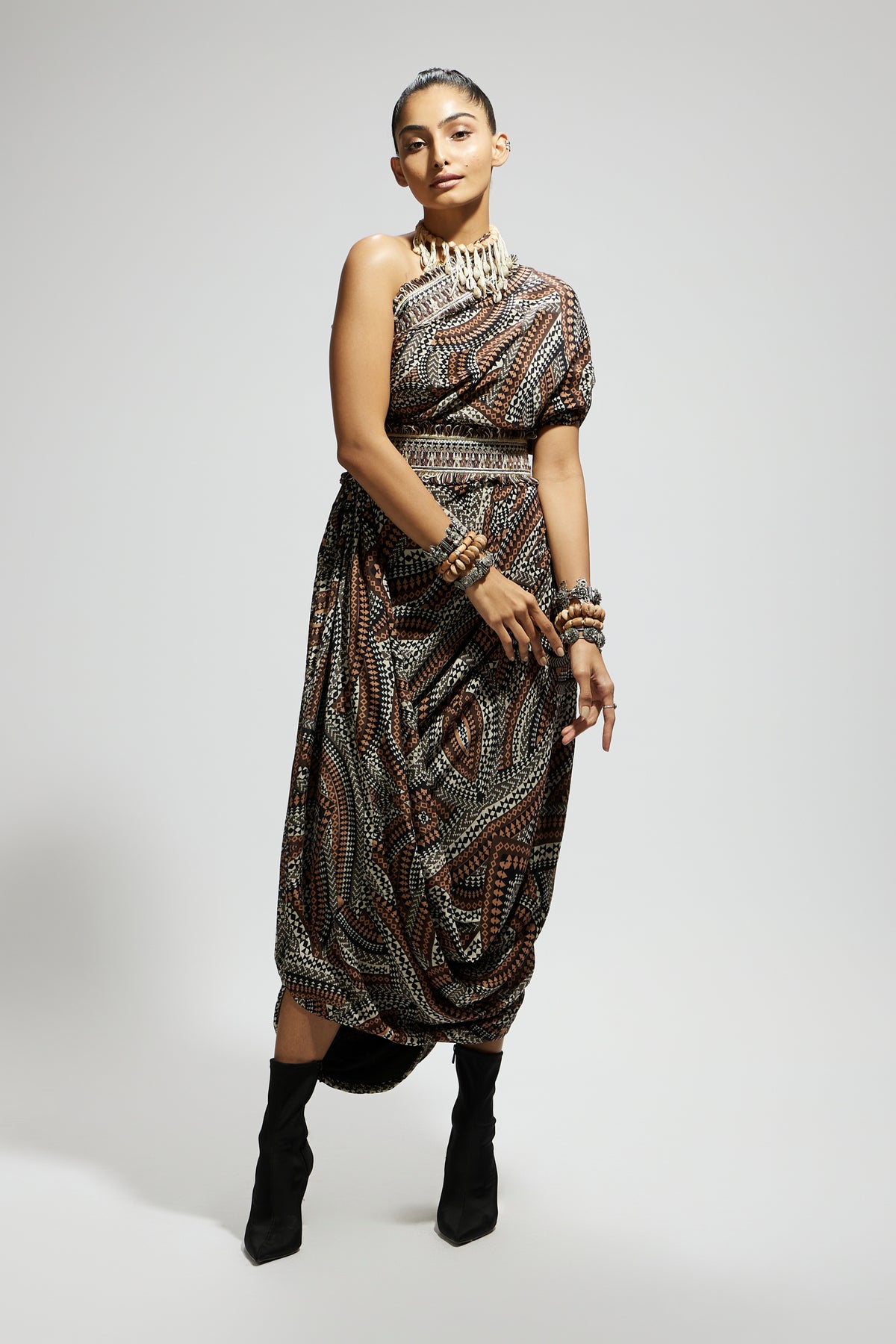 Zentangle One Shoulder Dress With Belt