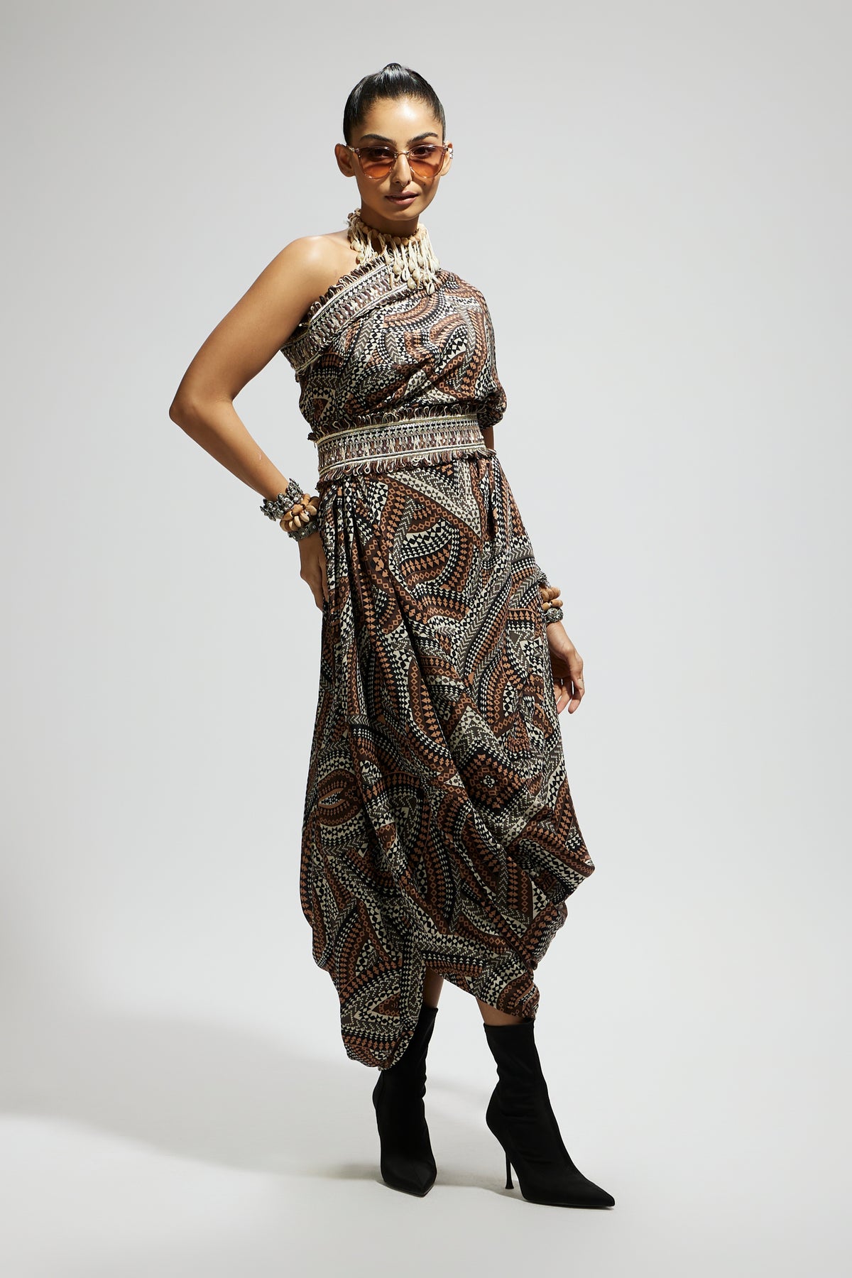 Zentangle One Shoulder Dress With Belt