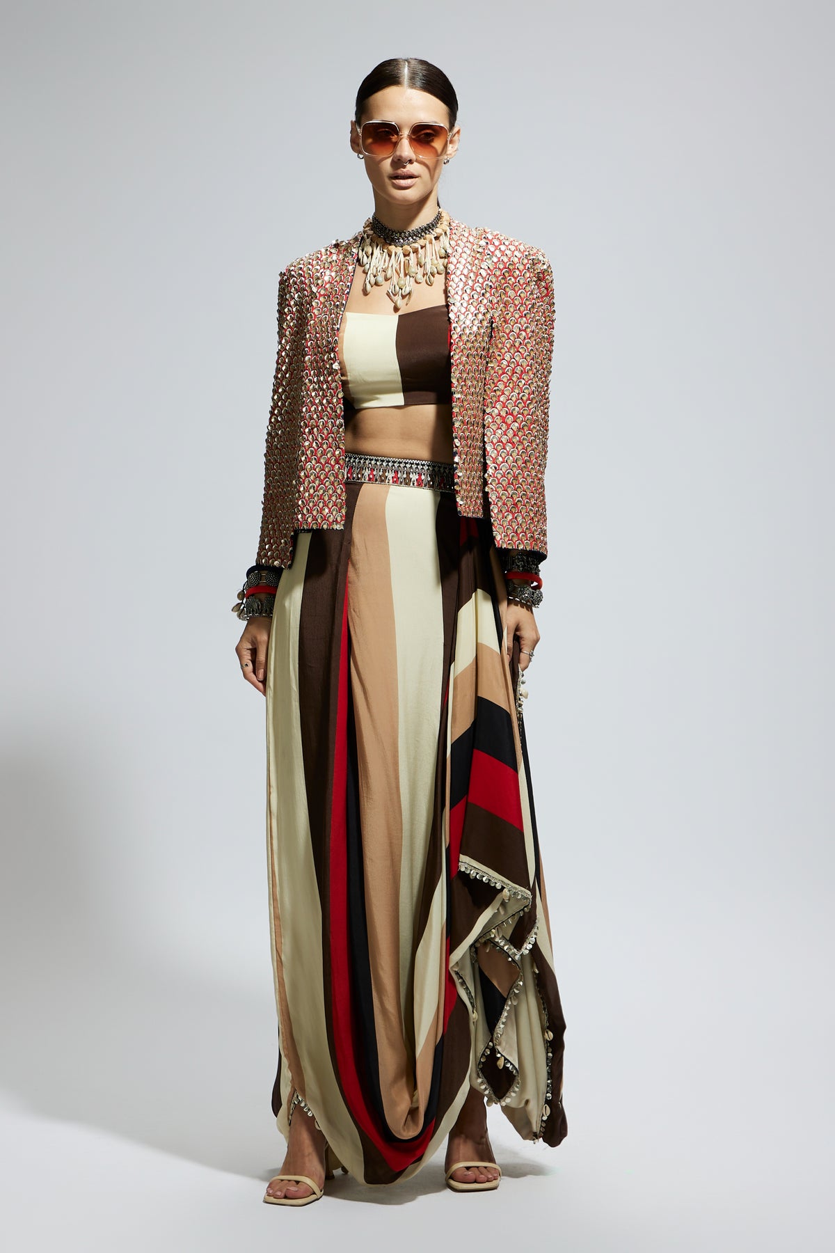 Metallic Embellished Cape Jacket Set
