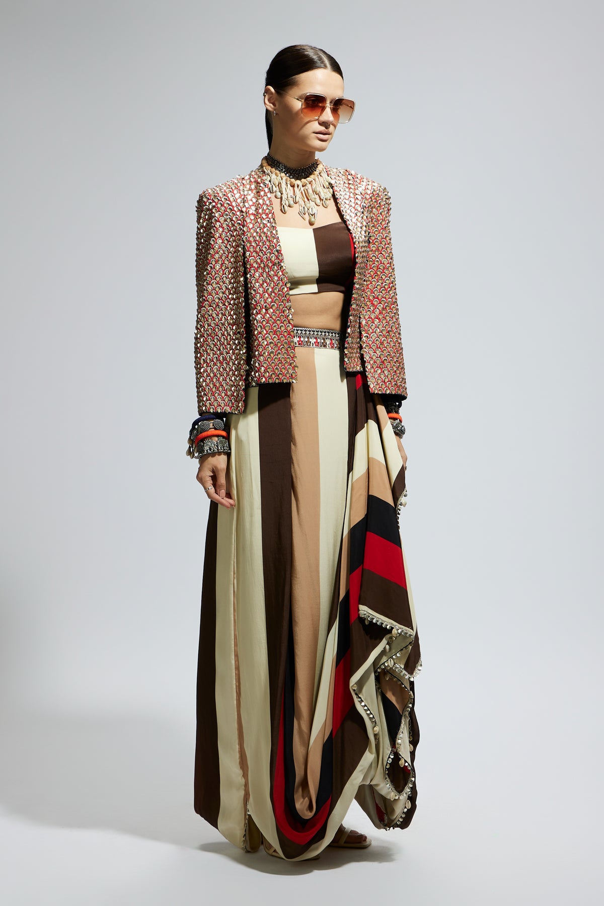 Metallic Embellished Cape Jacket Set