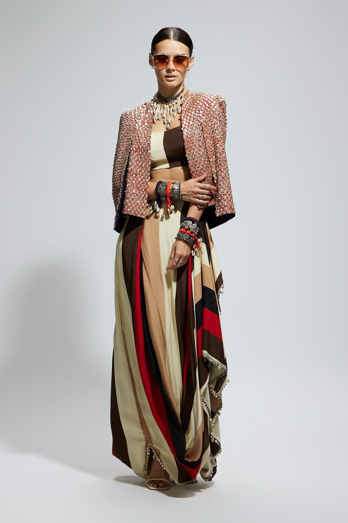 Metallic Embellished Cape Jacket Set