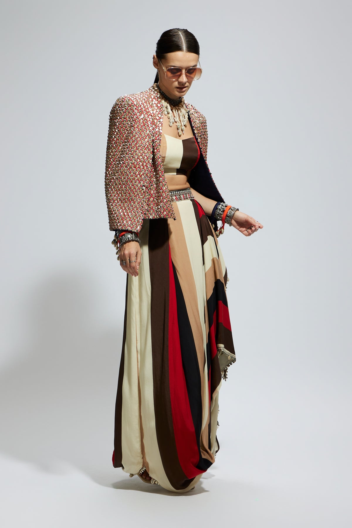 Metallic Embellished Cape Jacket Set