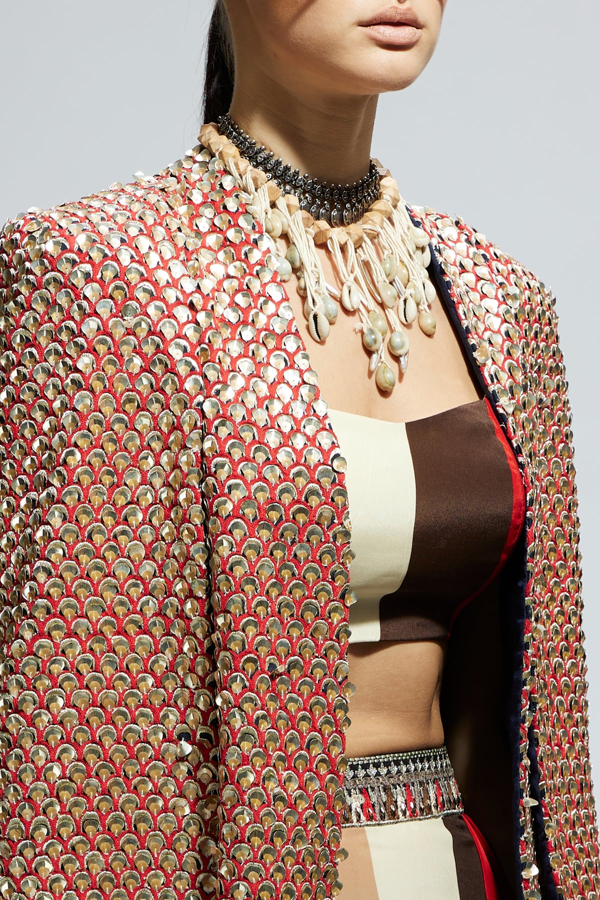 Metallic Embellished Cape Jacket Set