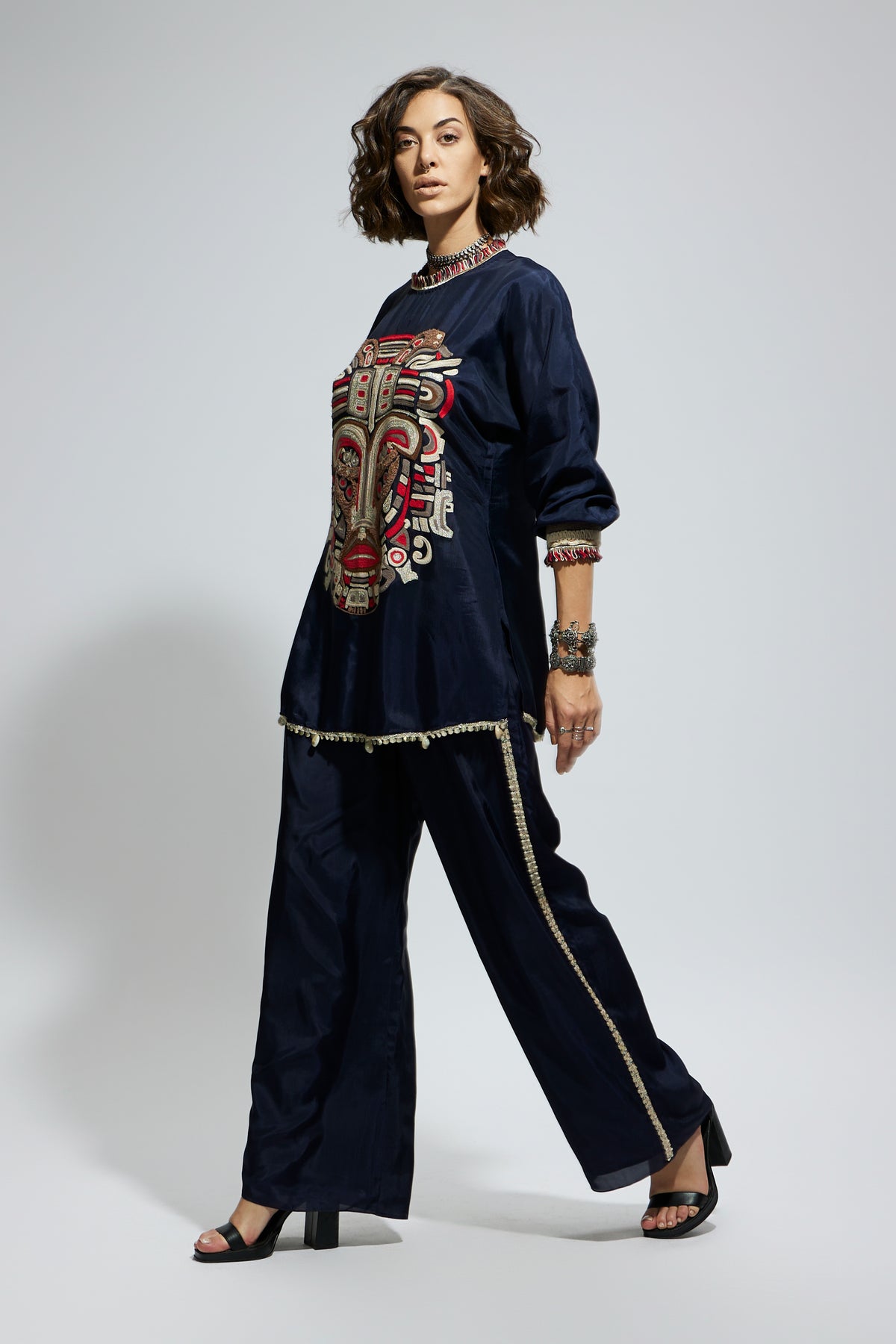 Blue Embellished Threadwork Tunic Set