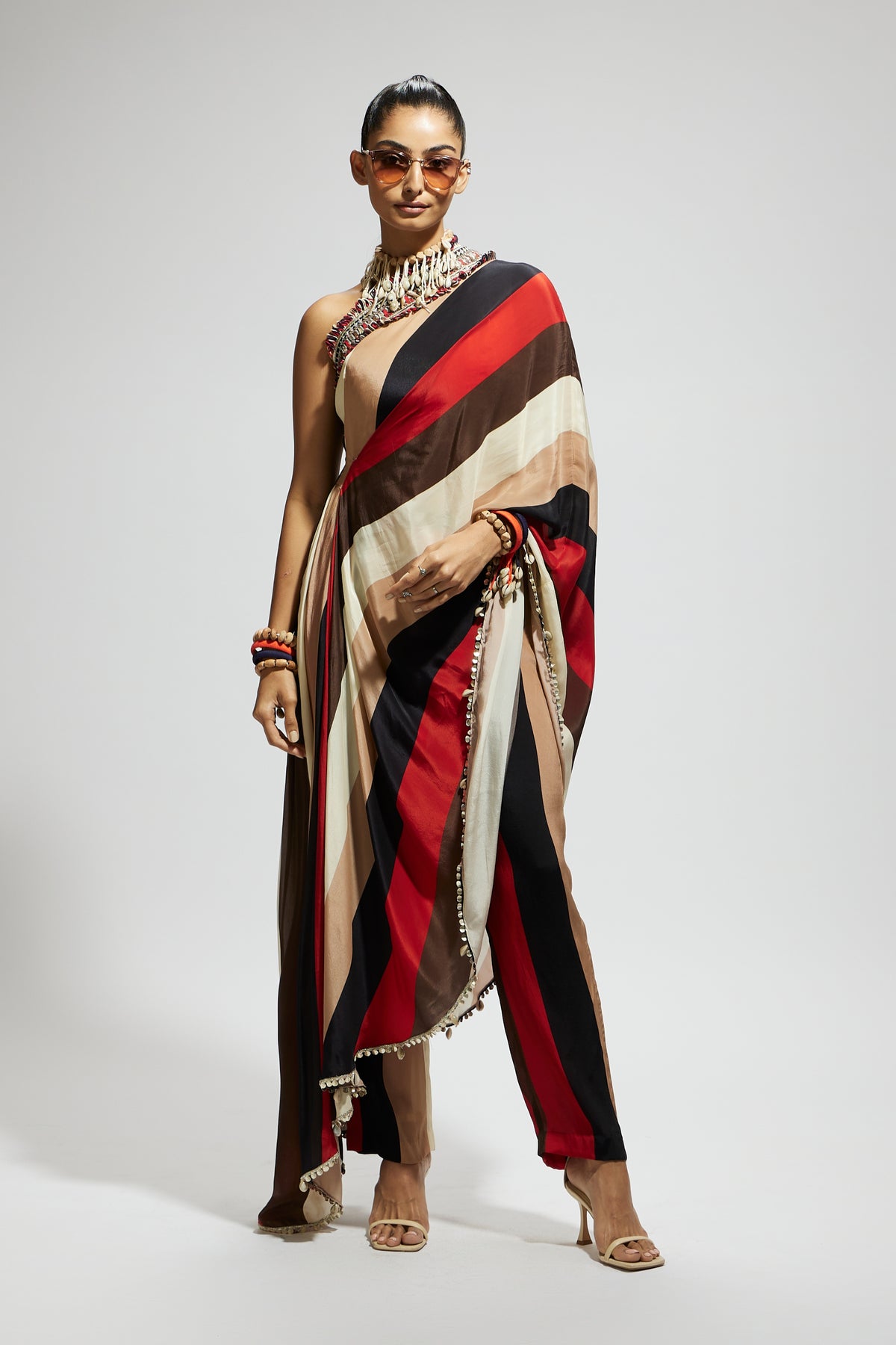 Samsara Stripe One Shoulder Saree Set