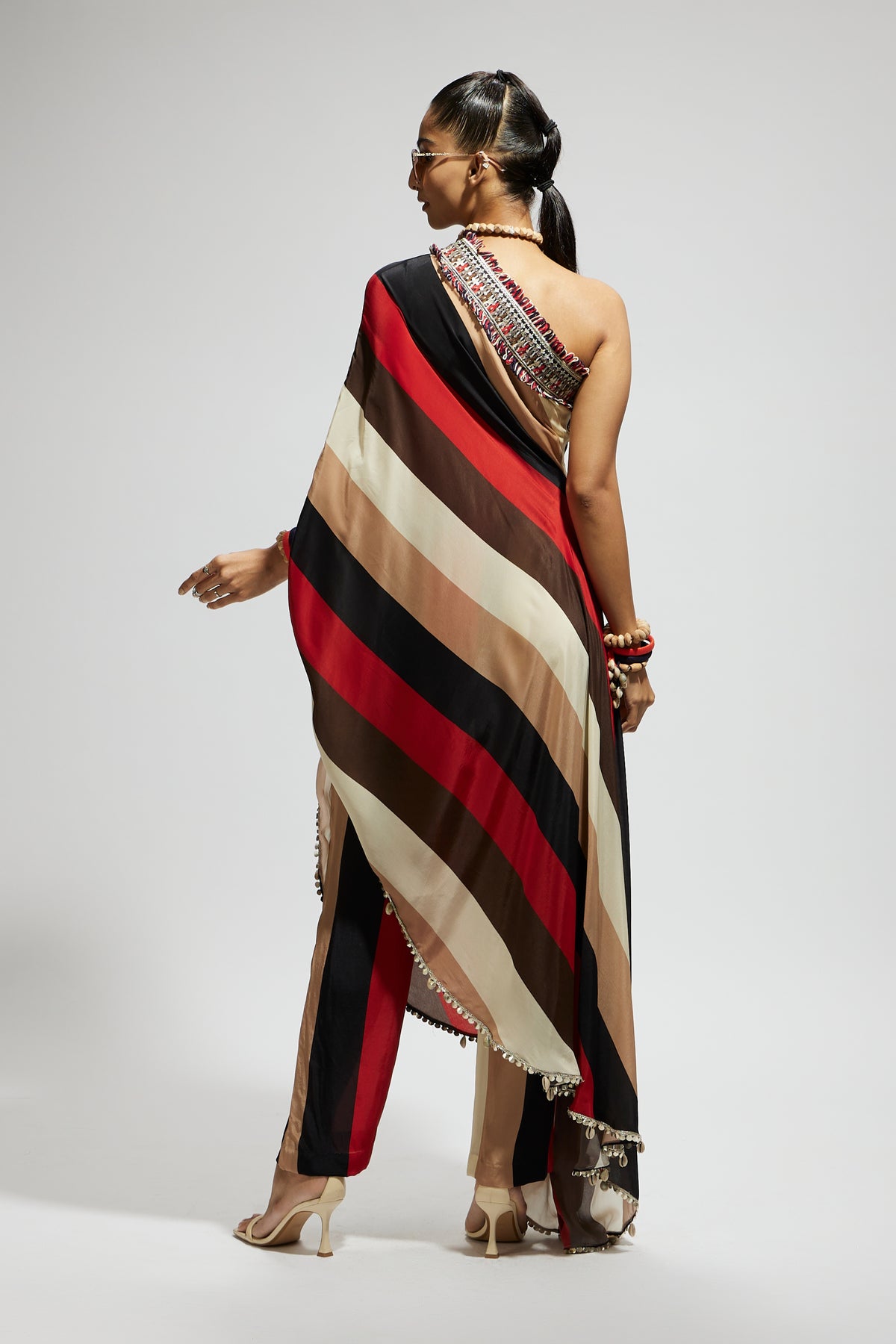 Samsara Stripe One Shoulder Saree Set