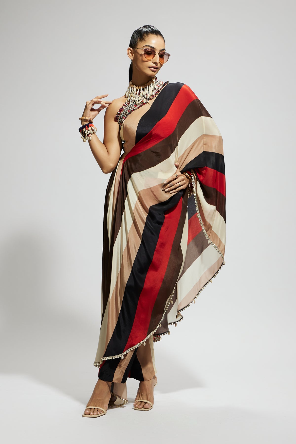 Samsara Stripe One Shoulder Saree Set