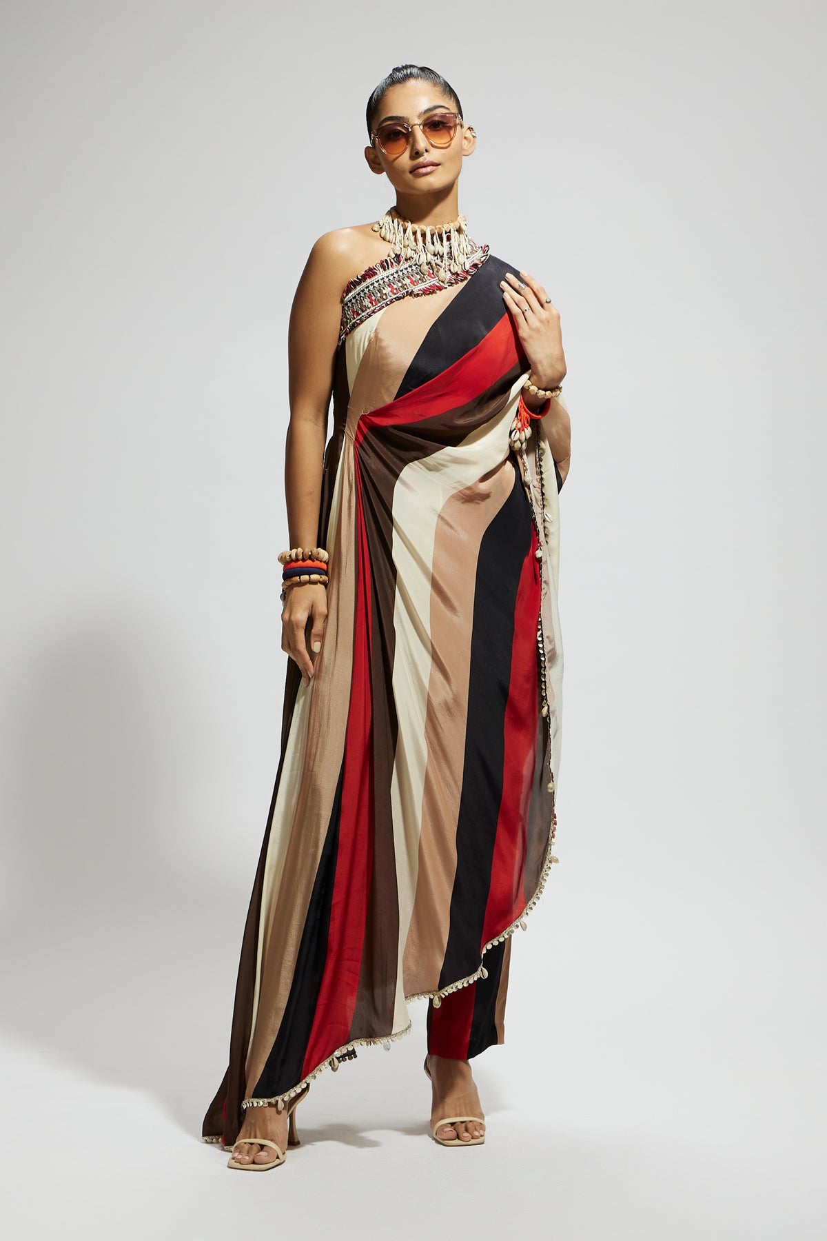 Samsara Stripe One Shoulder Saree Set