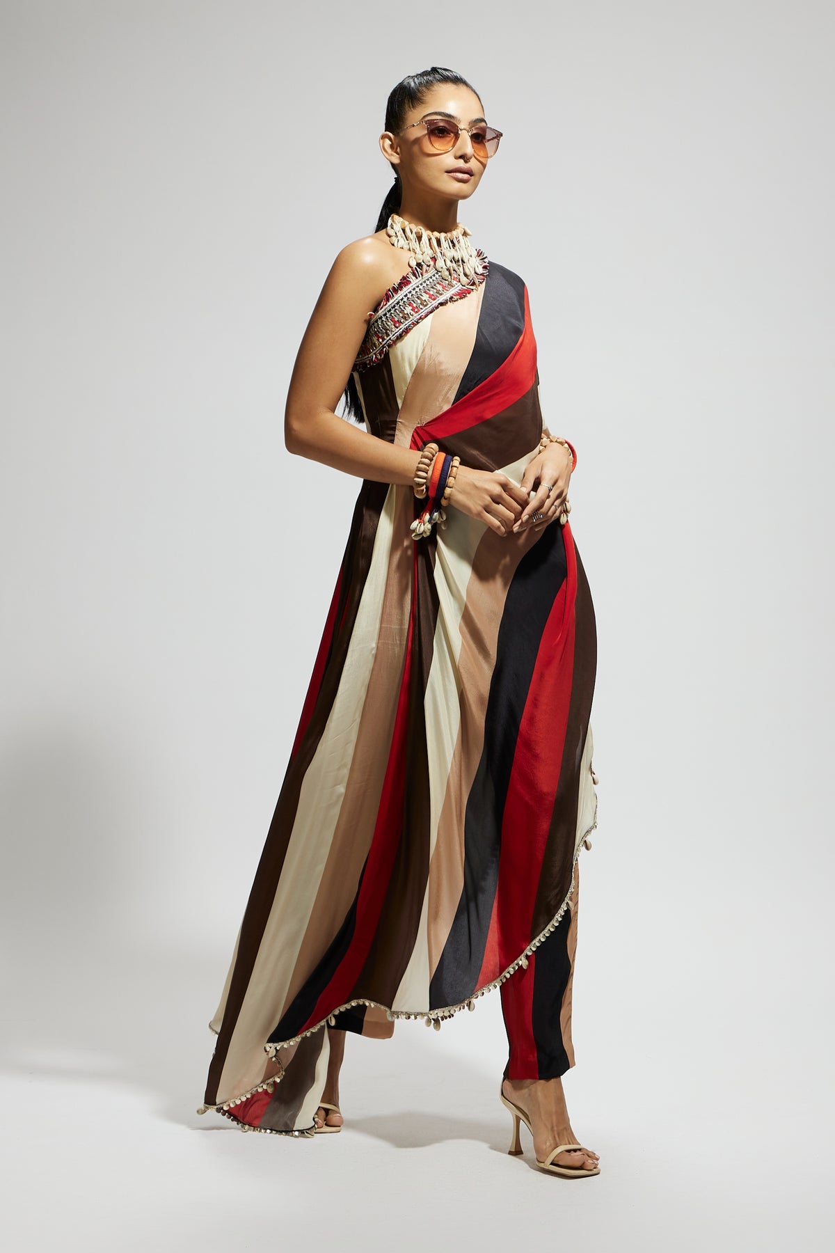 Samsara Stripe One Shoulder Saree Set