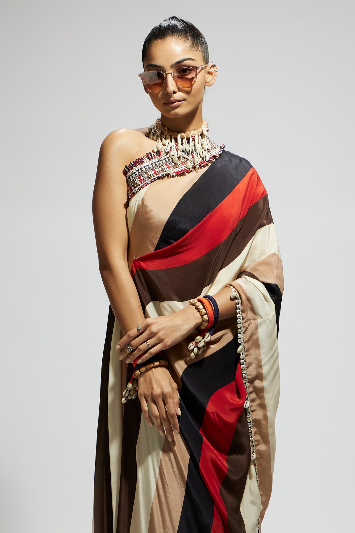 Samsara Stripe One Shoulder Saree Set