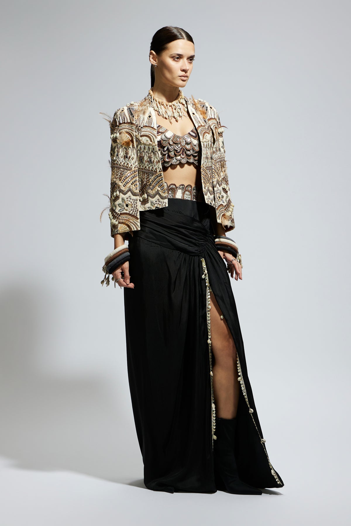 Abstract Feather Cape Jacket Set