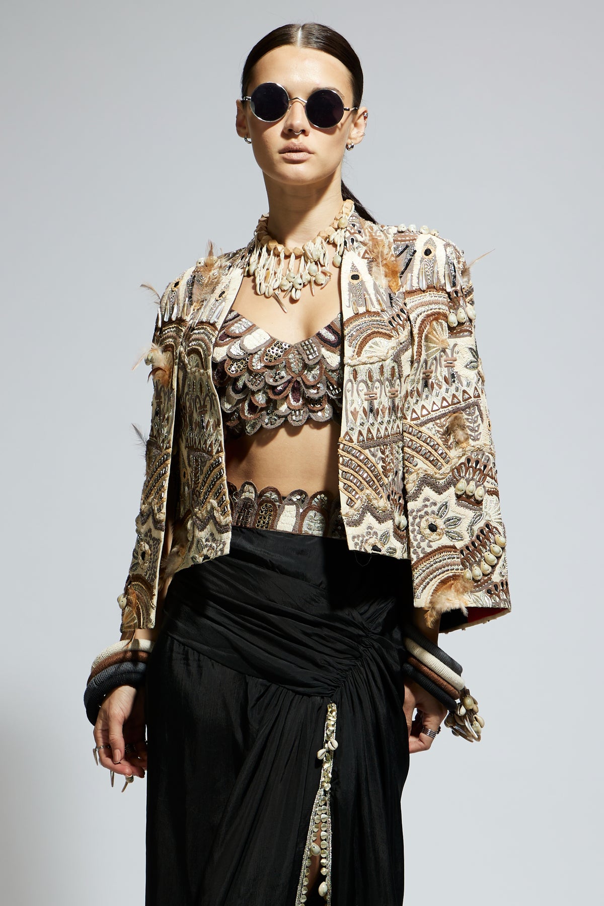 Abstract Feather Cape Jacket Set
