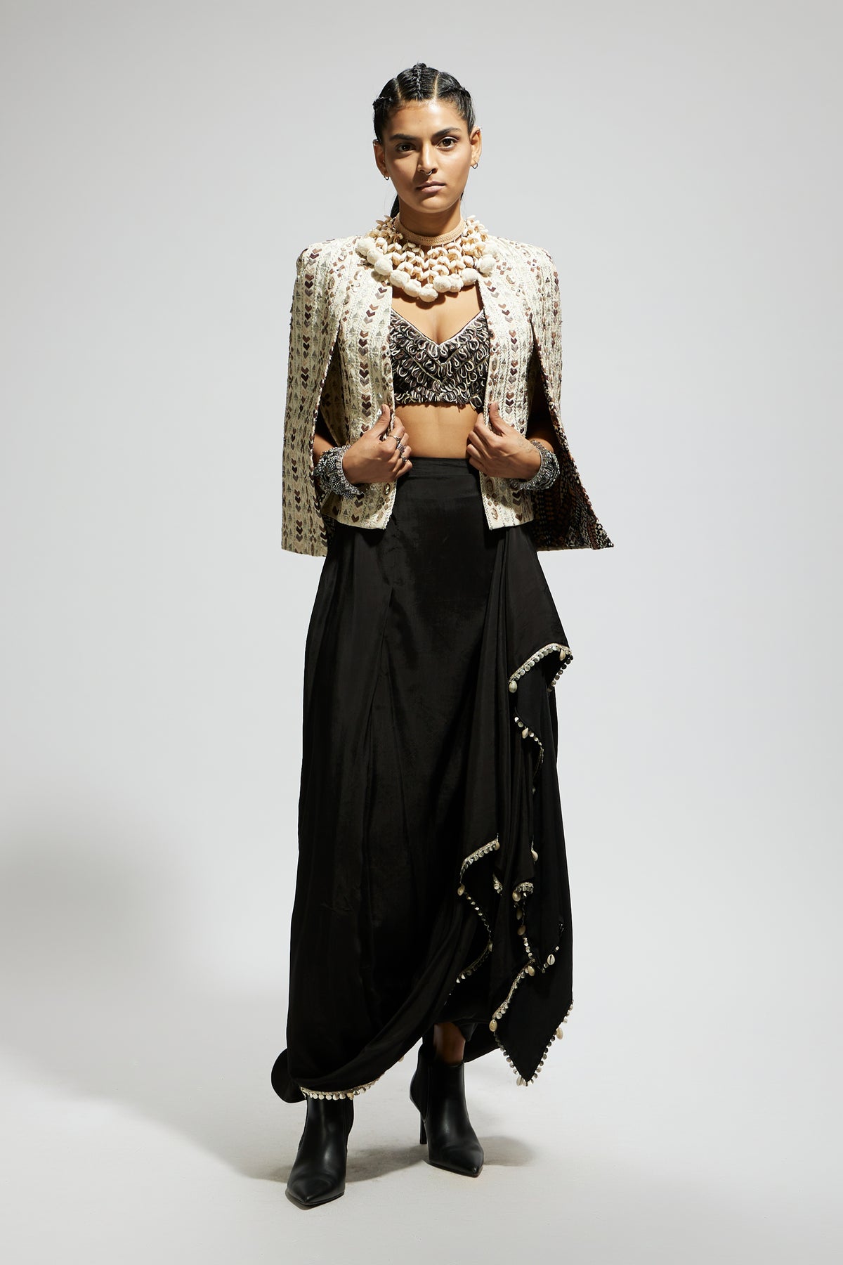 Ivory Embellished Cape Jacket Set