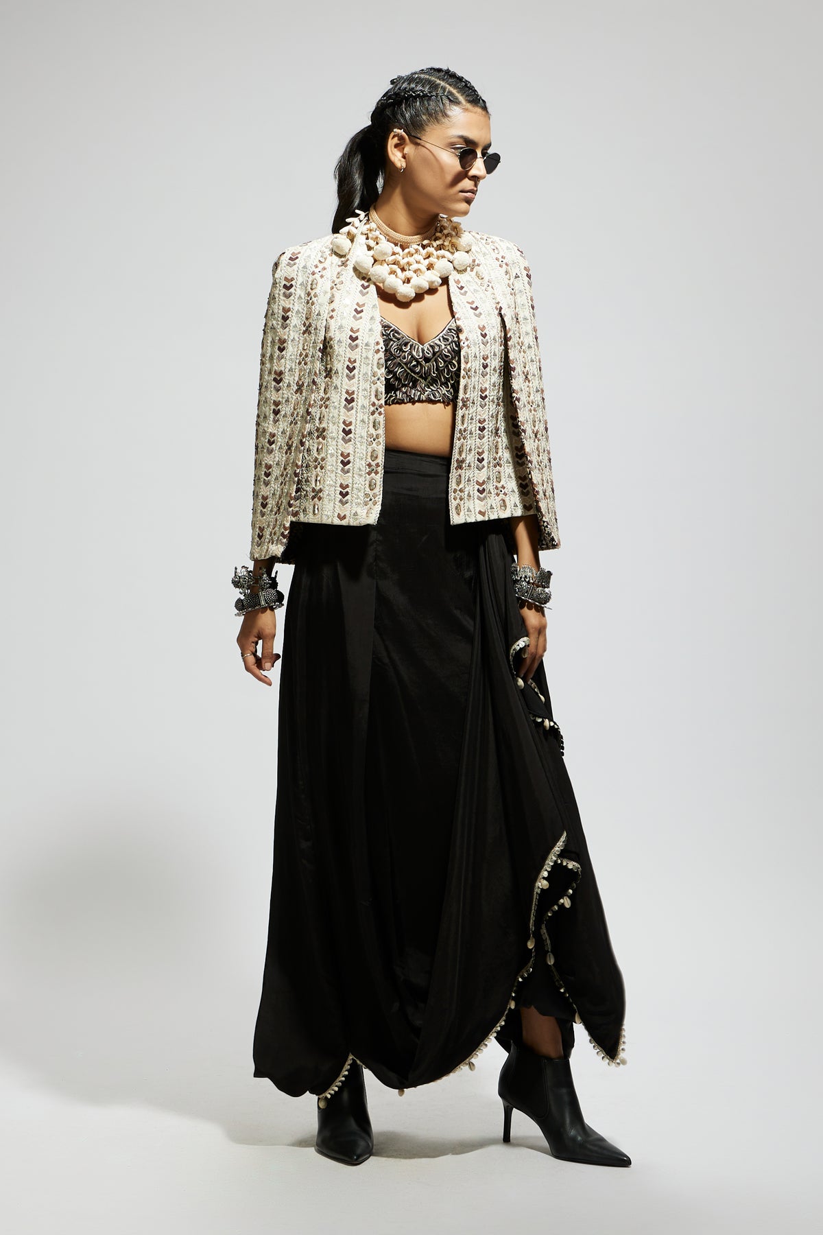 Ivory Embellished Cape Jacket Set